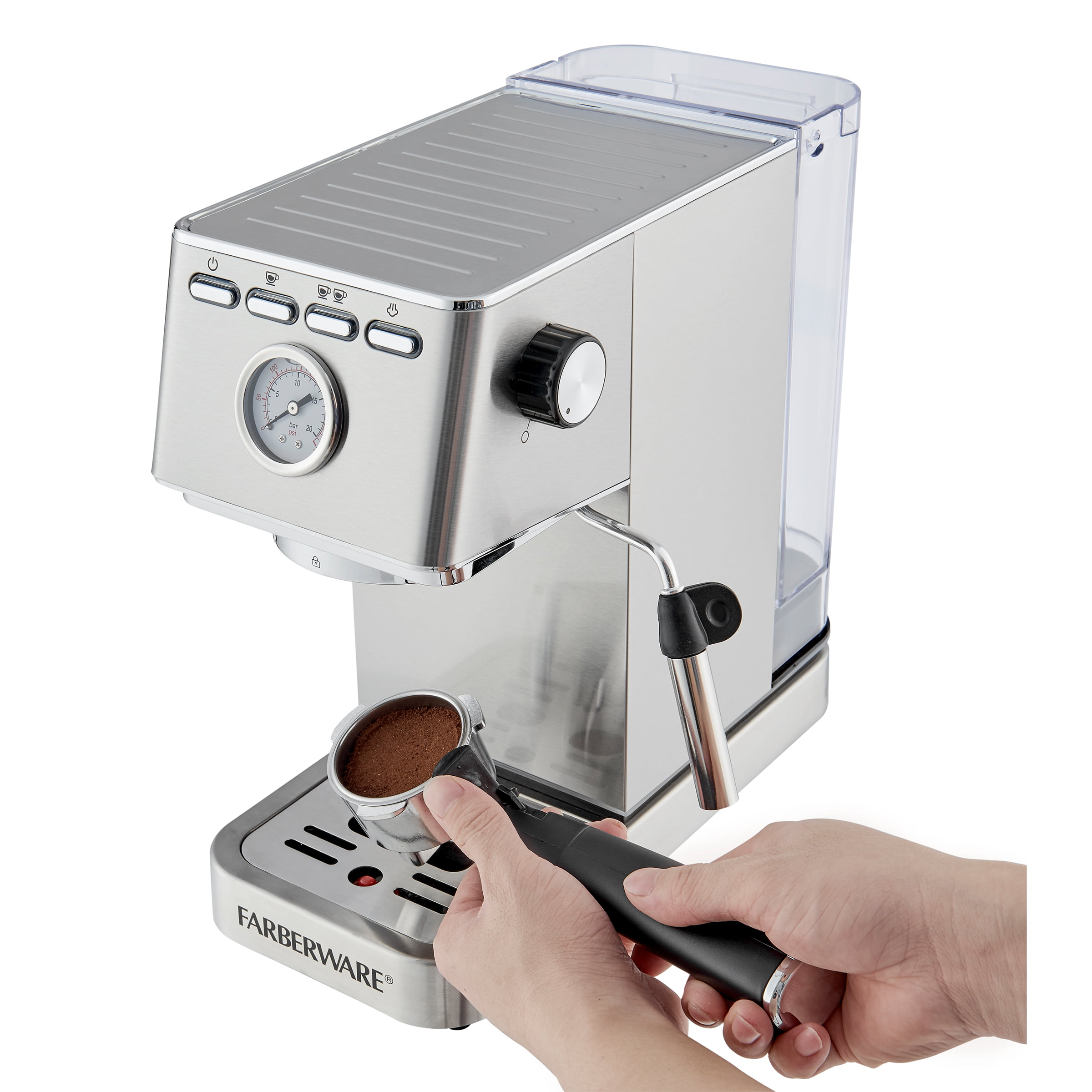 Farberware Espresso Machine. 15 Bar. Silver. Stainless Steel. Steam Wand