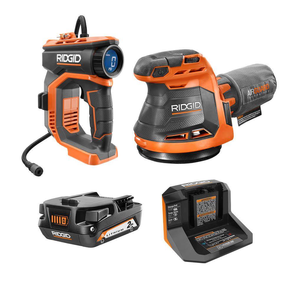 RIDGID  18V Cordless High Pressure Inflator Kit with 2.0 Ah Battery. Charger. and 5 in. Random Orbit Sander