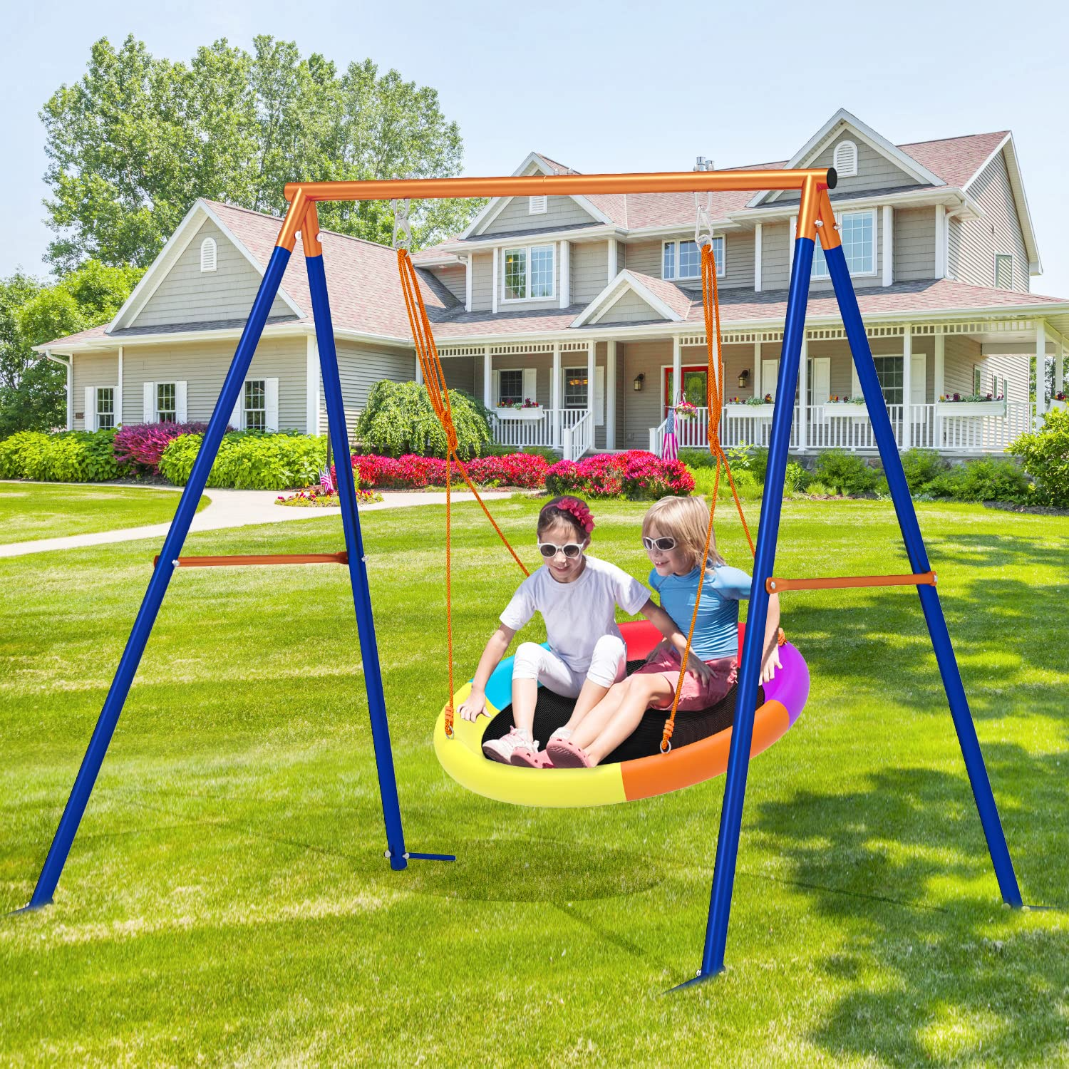 GIKPAL Swing Sets for Outside 440lbs Kids Swing Set with 1 40″ Saucer Tree Swing & 1 Heavy Duty A-Frame Metal Swing Stand