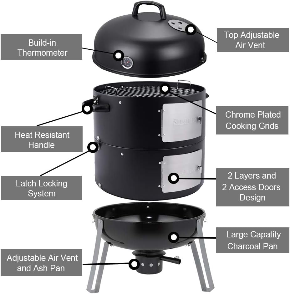 SUNLIFER 20.5 Inch Vertical Charcoal Smoker and Grill Combo. Heavy-Duty BBQ Smokers for Outdoor Cooking Camping