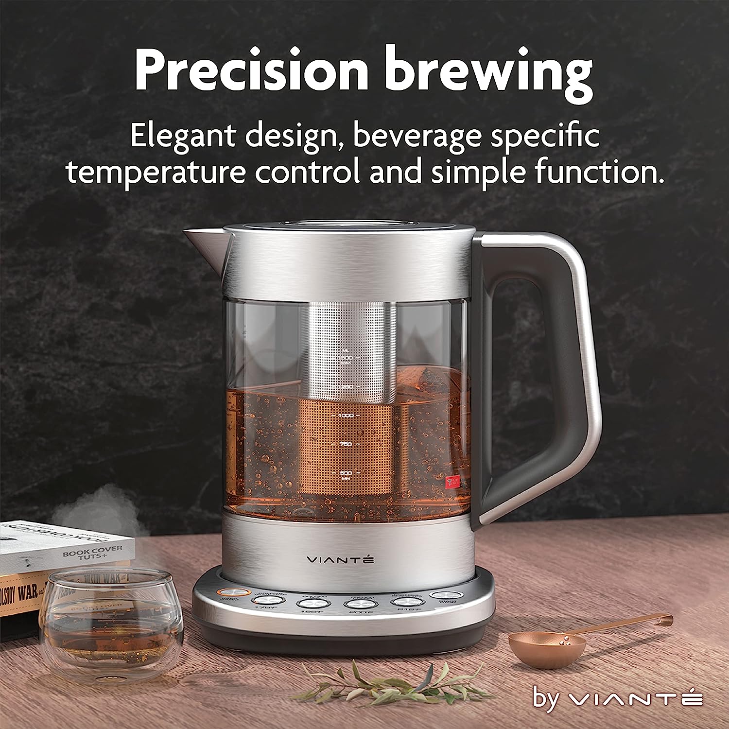Vianté Hot Tea Maker Electric Glass Kettle with tea infuser and temperature control. Automatic Shut off. Brewing Programs for your favorite teas and Coffee. Stainless Steel