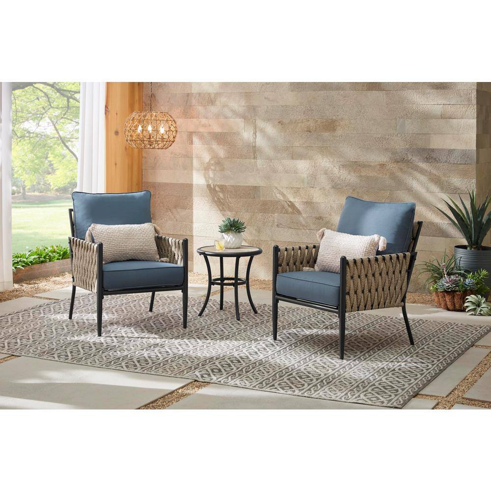 Hampton Bay  Dockview 3-Piece Metal Outdoor Patio Bistro Set with Blue Cushions