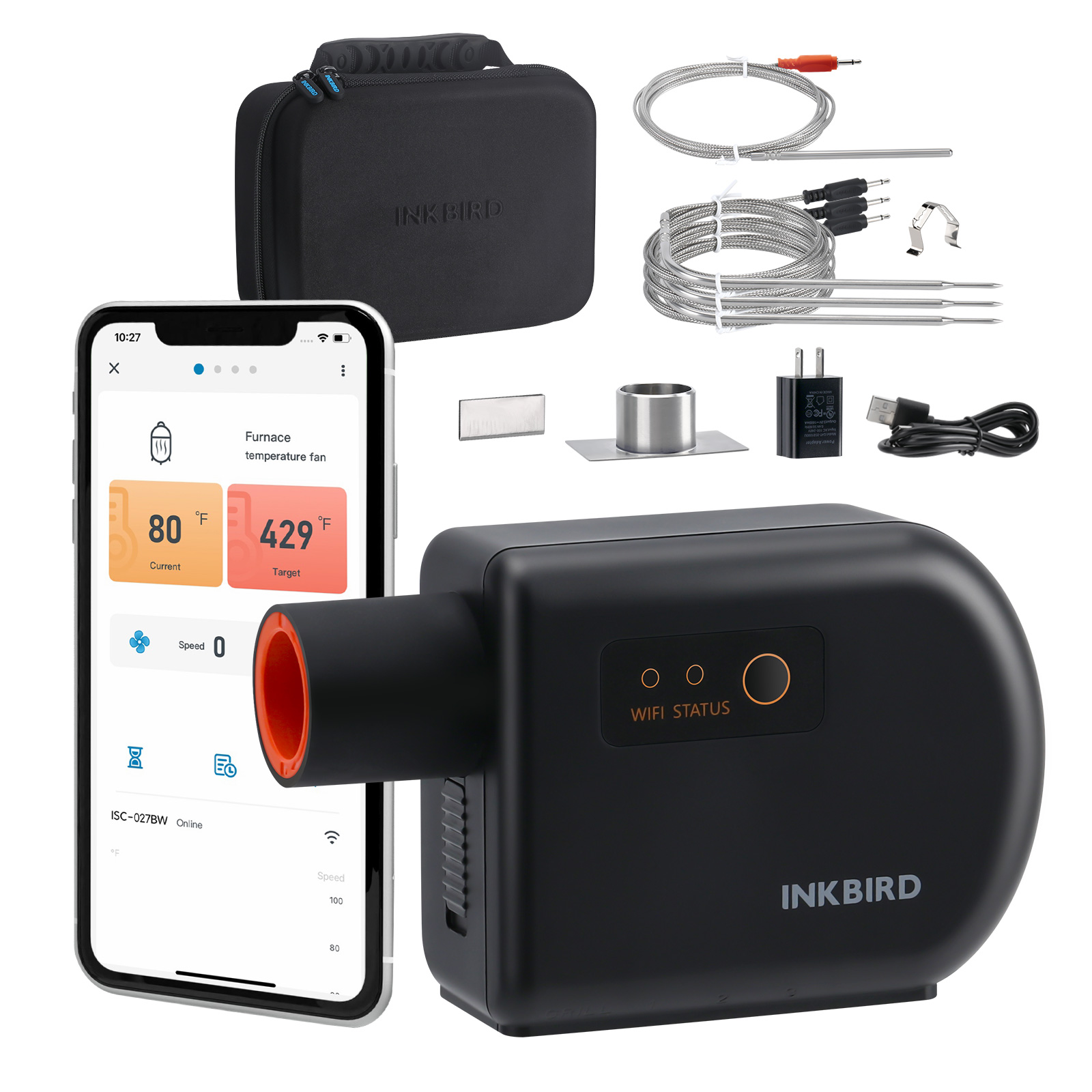 INKBIRD ISC-027BW Wi-Fi Bluetooth BBQ Temperature Controller. Automatic Smoker Fan Controller. Grill Thermometer with 4 Probes 