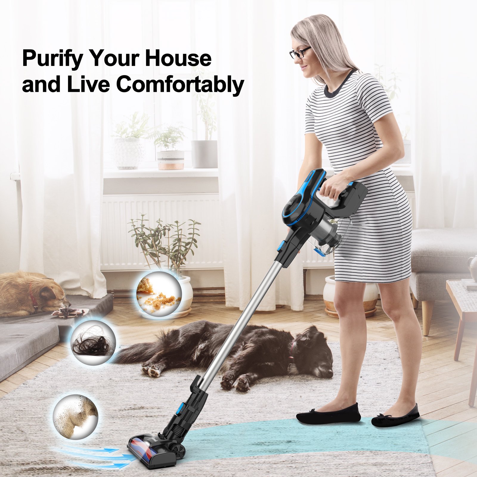 INSE Cordless Vacuum Cleaner. 6-in-1 Rechargeable Stick Vacuum with 2200 mAh Battery. Powerful Lightweight Vacuum Cleaner. Up to 45 Mins Runtime. for Home Hard Floor Carpet Pet Hair