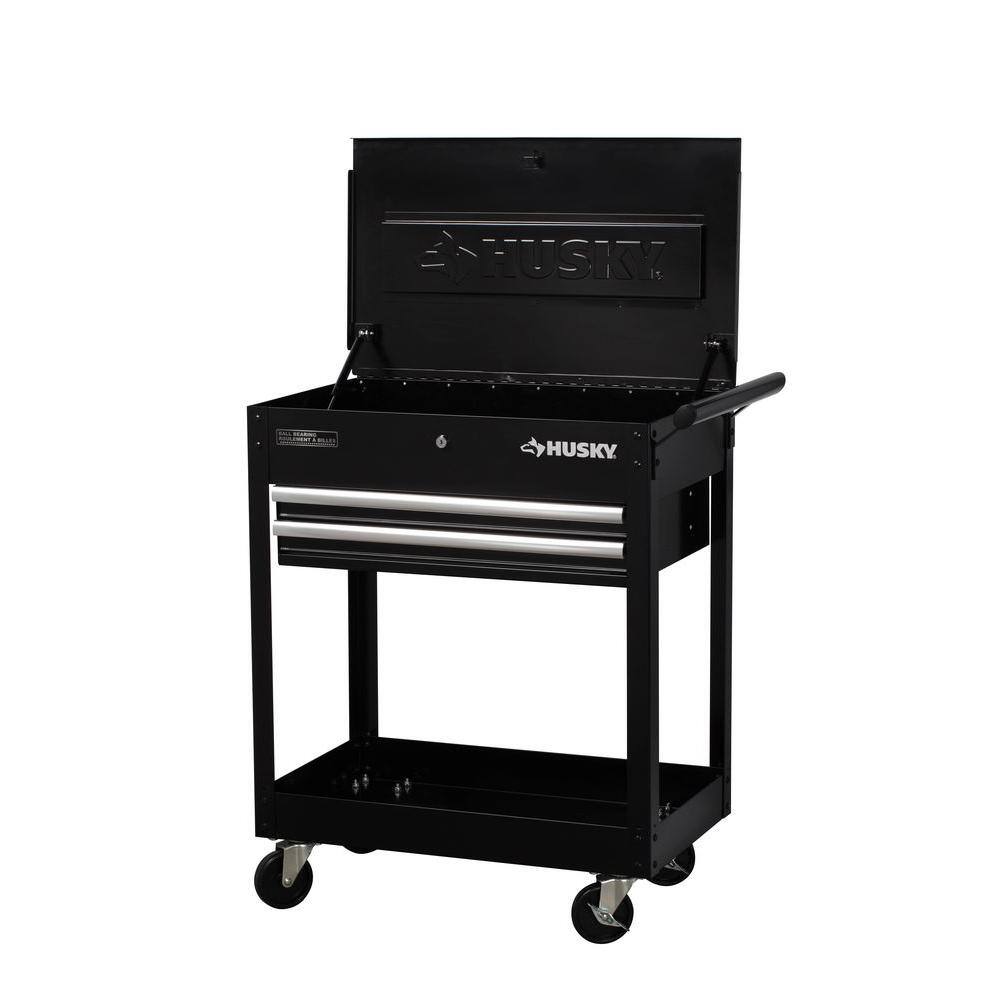 Husky H2DMC 28 in. W x 16.3 in. D Standard Duty 2-Drawer Rolling Tool Utility Cart with Lift-Top in Gloss Black