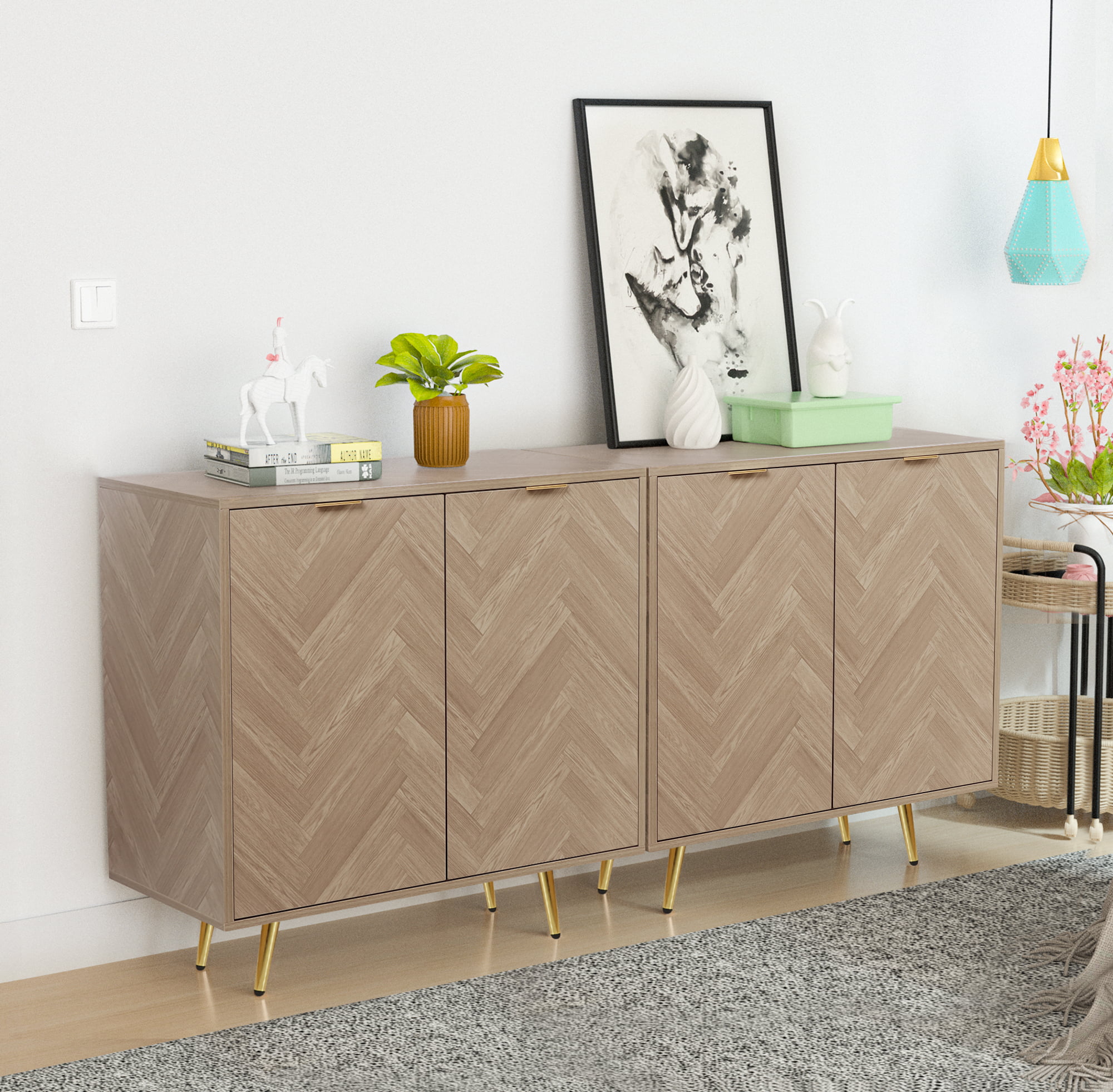 Eumyviv Sideboards and Buffet with 2 Doors. Natural Oak Accent Cabinet Herringbone Finished. Storage Cabinet for Living Room. Bedroom. Kitchen. H0058