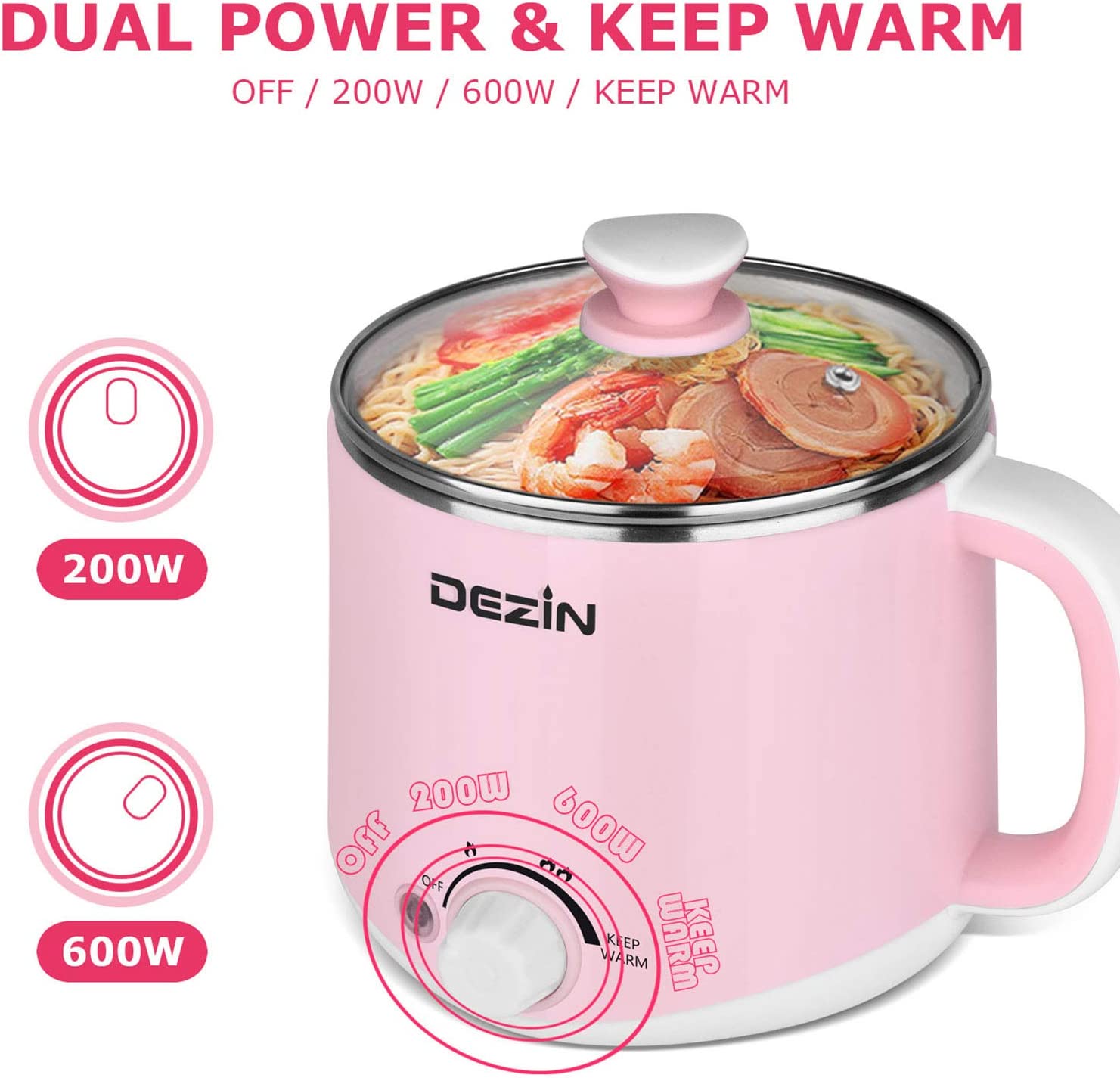 Dezin Electric Hot Pot. Rapid Noodles Cooker. Stainless Steel Mini Pot 1.6 Liter. Perfect for Ramen. Egg. Pasta. Dumpling. Soup. Porridge. Oatmeal with Power Adjustment and Keep Warm Function. Pink