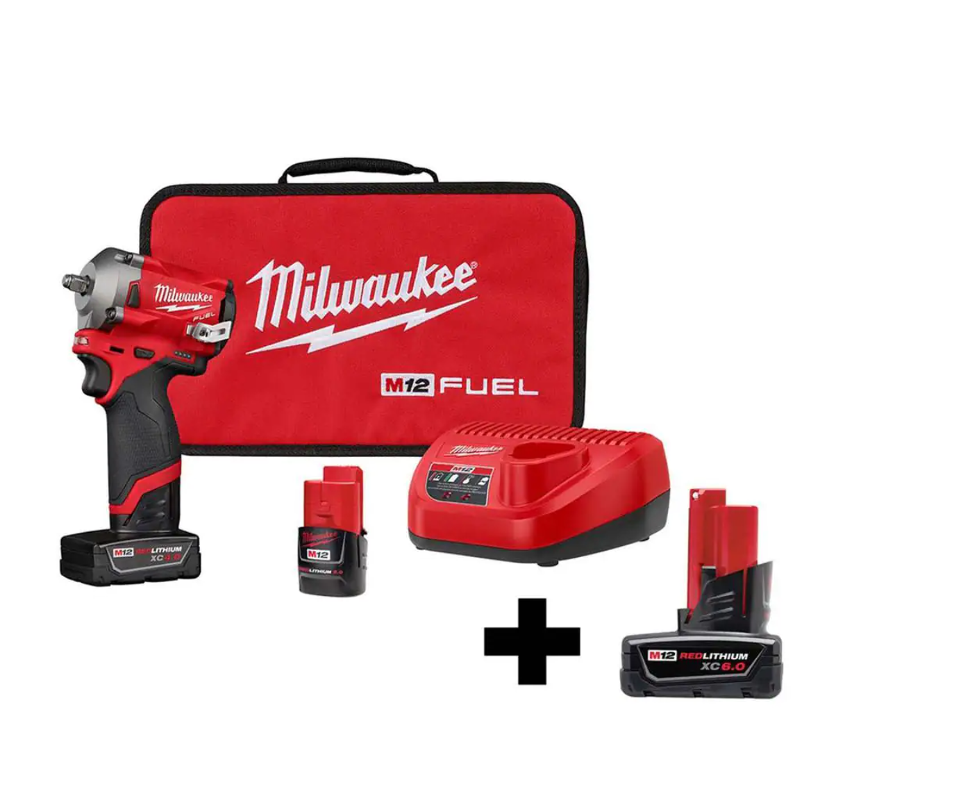 Milwaukee 2554-22-48-11-2460 M12 FUEL 12V Lithium-Ion Brushless Cordless Stubby 3/8 in. Impact Wrench Kit with 6.0Ah Battery