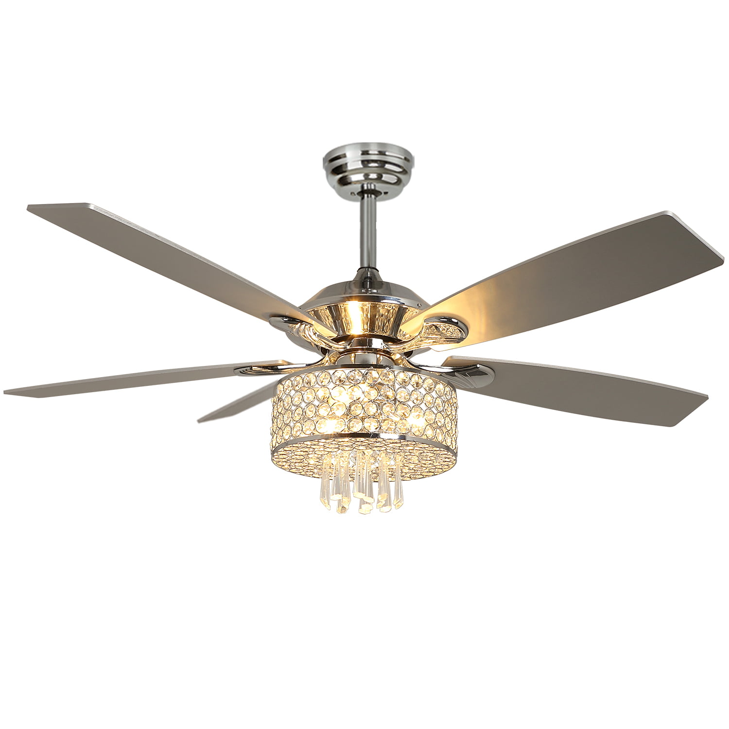 Depuley 52″ Remote Crystal Ceiling Fan with Lights. Modern Chandelier Chrome Ceiling Fans with 5 Reversible Wood Blades. 3-Speed Timing