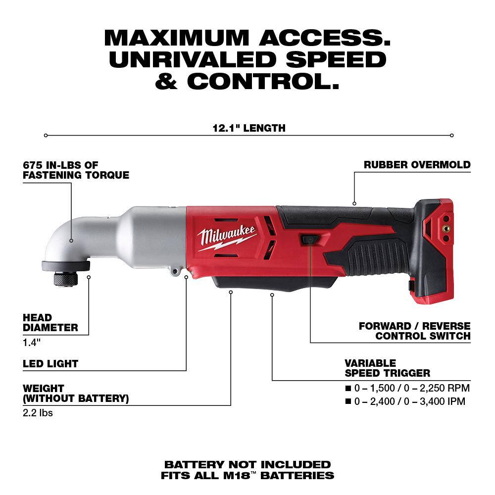Milwaukee 2667-20 M18 18V Lithium-Ion Cordless 1/4 in. Hex 2-Speed Right Angle Impact Driver (Tool-Only)