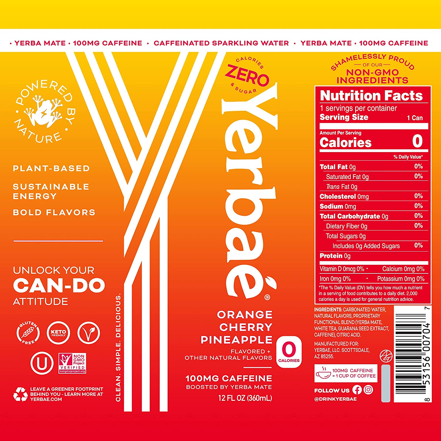 Yerbae Sparkling Water – Orange Cherry Pineapple Fruit Flavored Seltzer. Energy Drink – 12 Pack