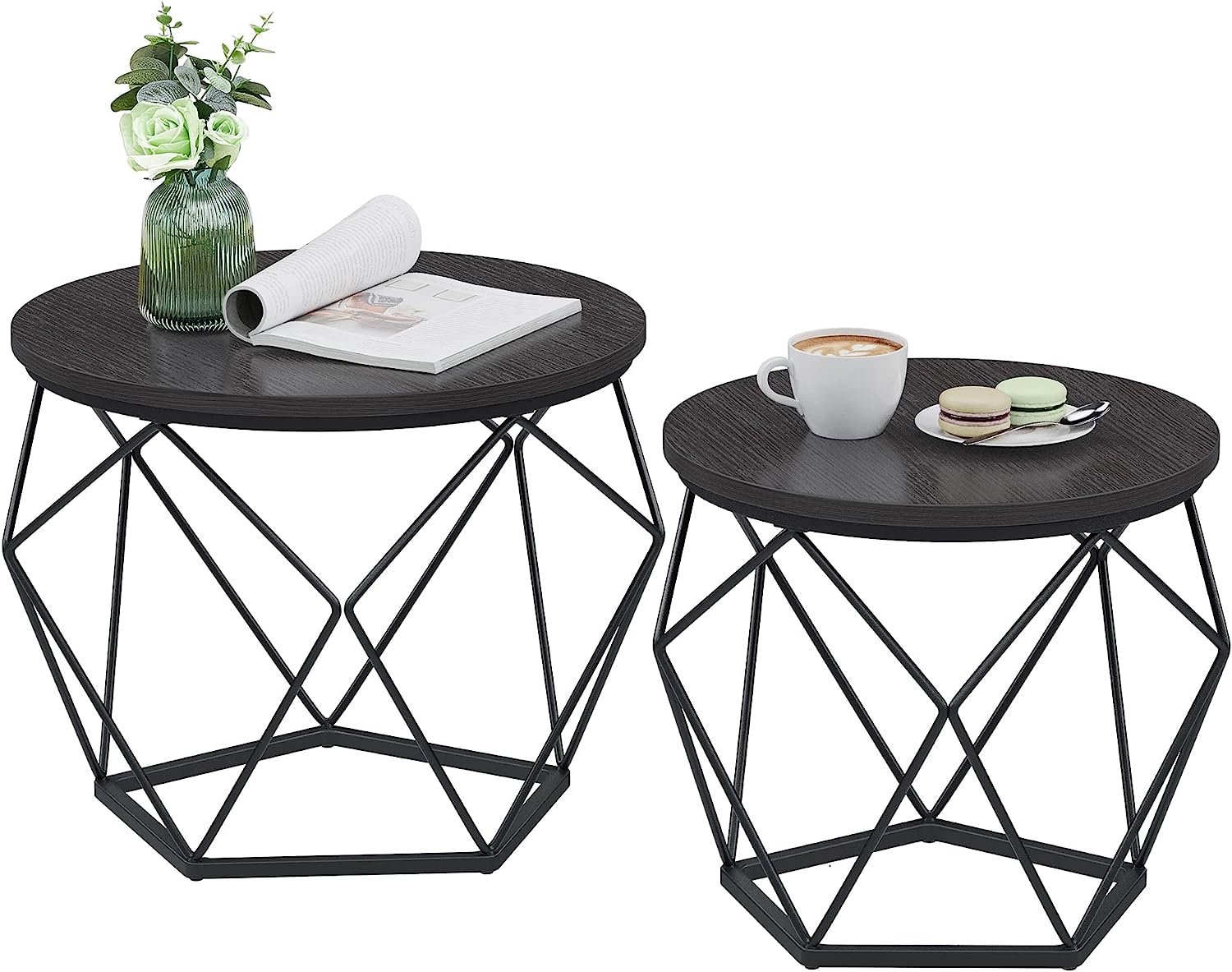 VASAGLE Small Coffee Table Set of 2. Round Coffee Table with Steel Frame. Side End Table for Living Room. Bedroom. Office. Black