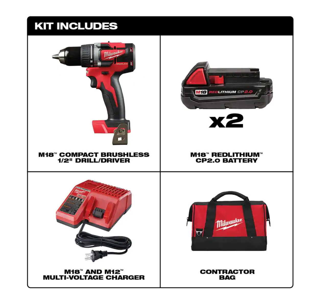 Milwaukee 2801-22CT M18 18-Volt Lithium-Ion Brushless Cordless 1/2 in. Compact Drill/Driver Kit with (2) 2.0 Ah Batteries. Charger and Case