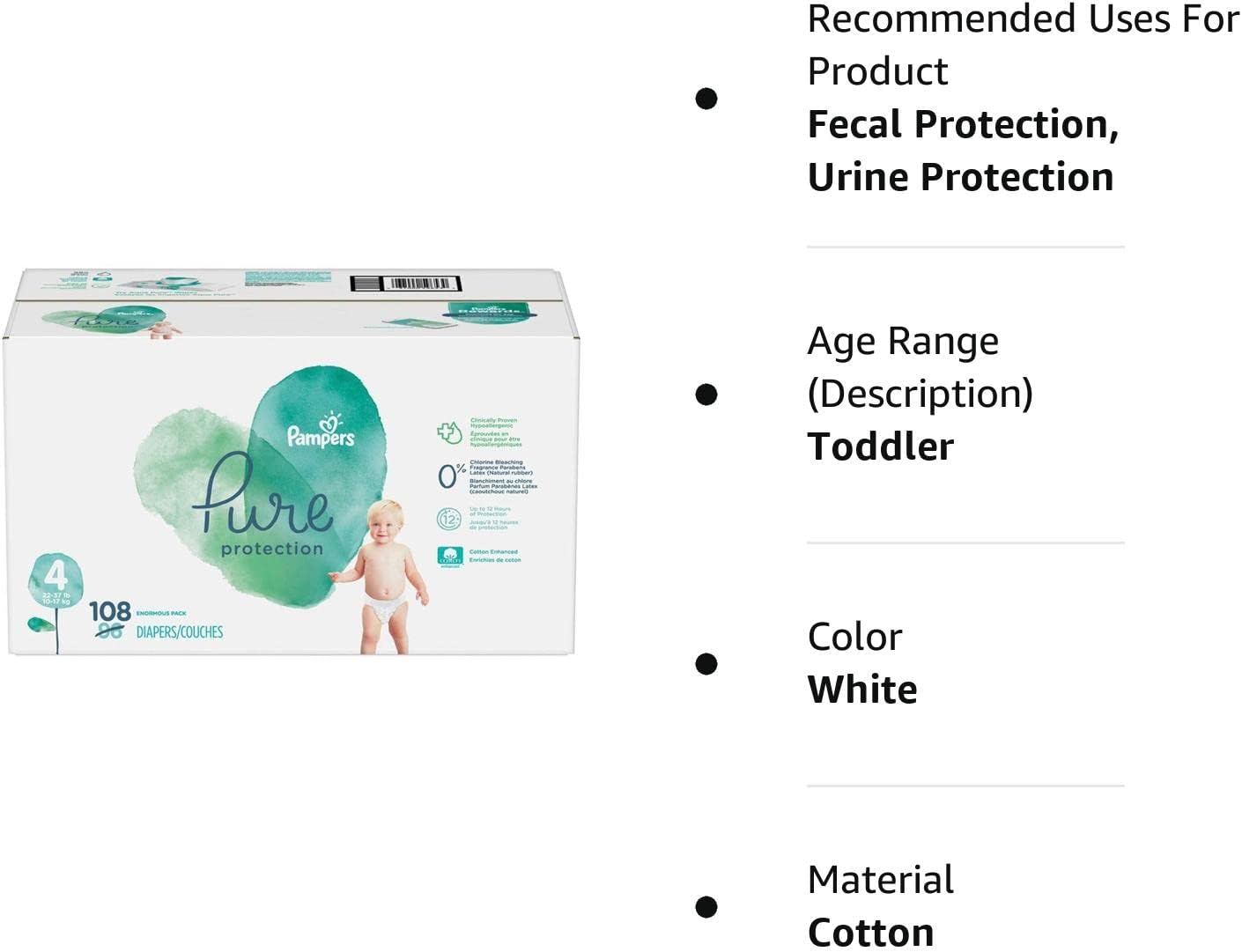 Diapers Size 4. 108 Count - Pampers Pure Protection Disposable Baby Diapers. Hypoallergenic and Unscented Protection. Enormous Pack (Packaging & Prints May Vary)