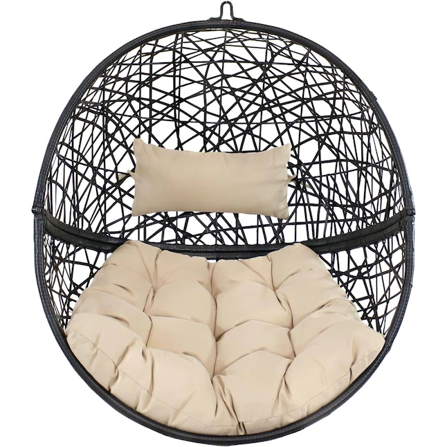 Sunnydaze Decor TF-597 Rattan Black Metal Frame Hanging Conversation Chair(s) with Off-white Cushioned Seat