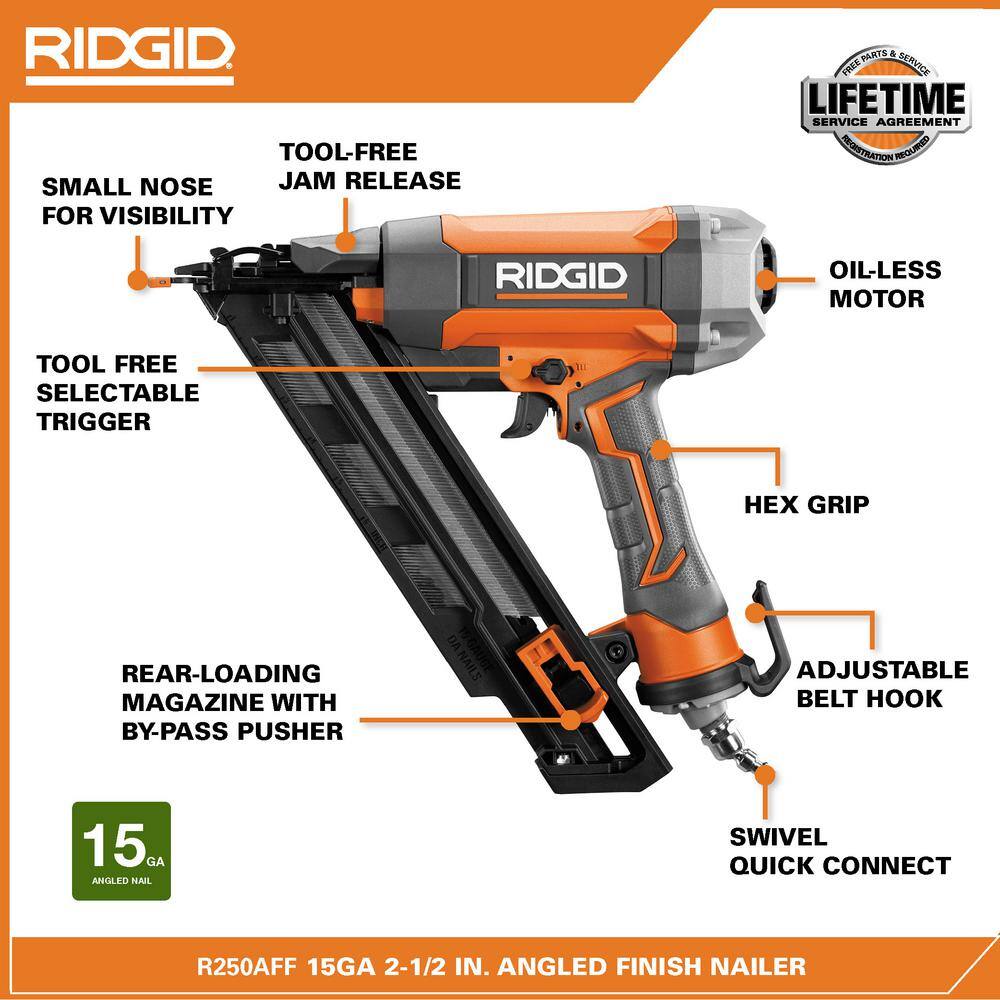 RIDGID R250AFF Pneumatic 15-Gauge 2-1/2 in. Angled Finish Nailer with CLEAN DRIVE Technology. Tool Bag. and Sample Nails