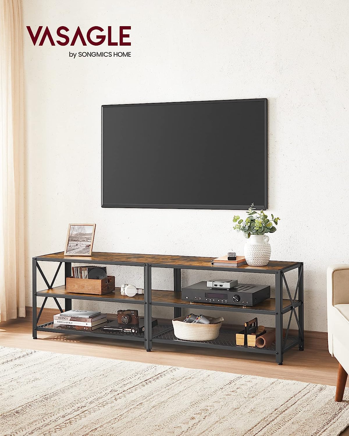VASAGLE TV Stand. TV Console for TVs Up to 70 Inches. TV Table. 63 Inches Width. TV Cabinet with Storage Shelves. Steel Frame. for Living Room. Bedroom. Rustic Brown and Black ULTV095B01
