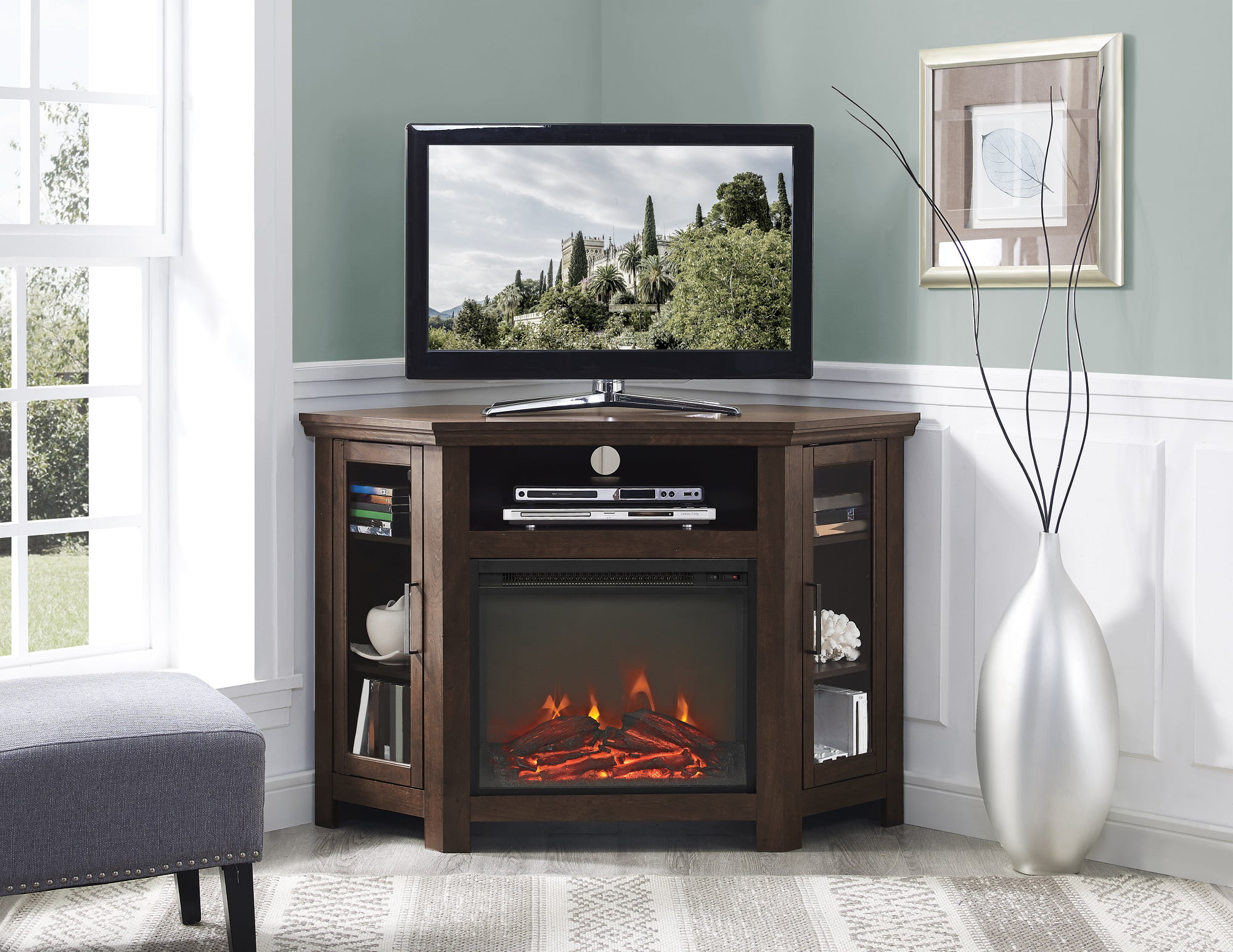 Walker Edison Brown Corner Fireplace TV Stand for TVs up to 50″