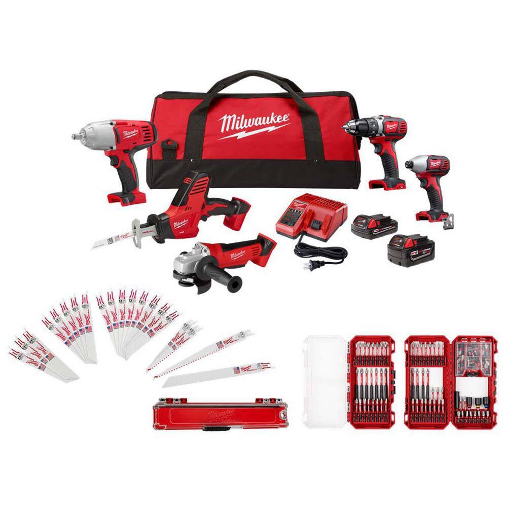 Milwaukee 2695-25CXH-48-32-5150-49-22-1110U M18 18V Lithium-Ion Cordless Combo Kit (5-Tool) w/SHOCKWAVE PACKOUT Screwdriving Bit Set & Bi-Metal Sawzall Blade Set