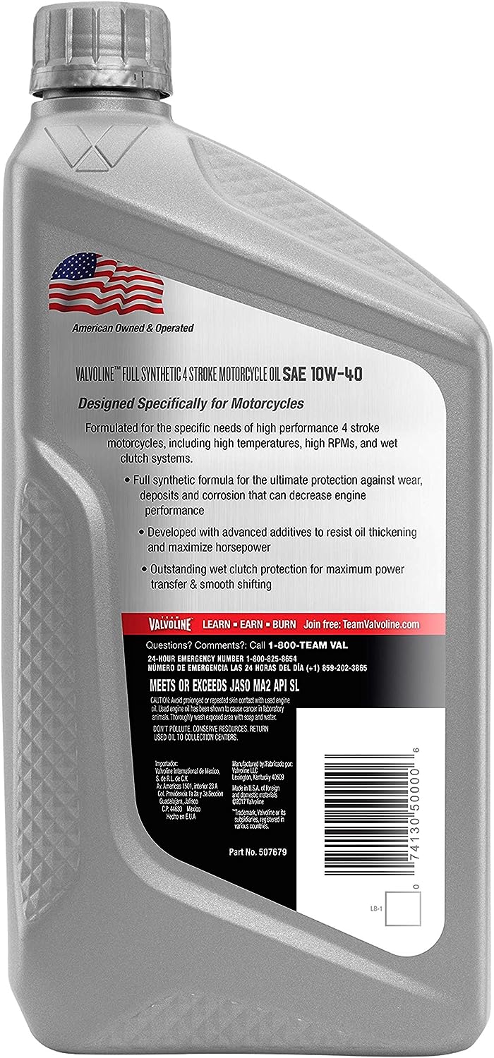 Valvoline 4-Stroke Motorcycle Full Synthetic SAE 10W-40 Motor Oil 1 QT. Case of 6