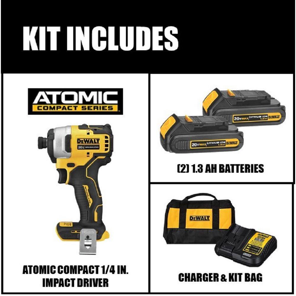 DEWALT DCF809C2W354 ATOMIC 20V MAX Cordless Brushless Compact 1/4 in. Impact Driver Kit and ATOMIC 20V Oscillating Tool