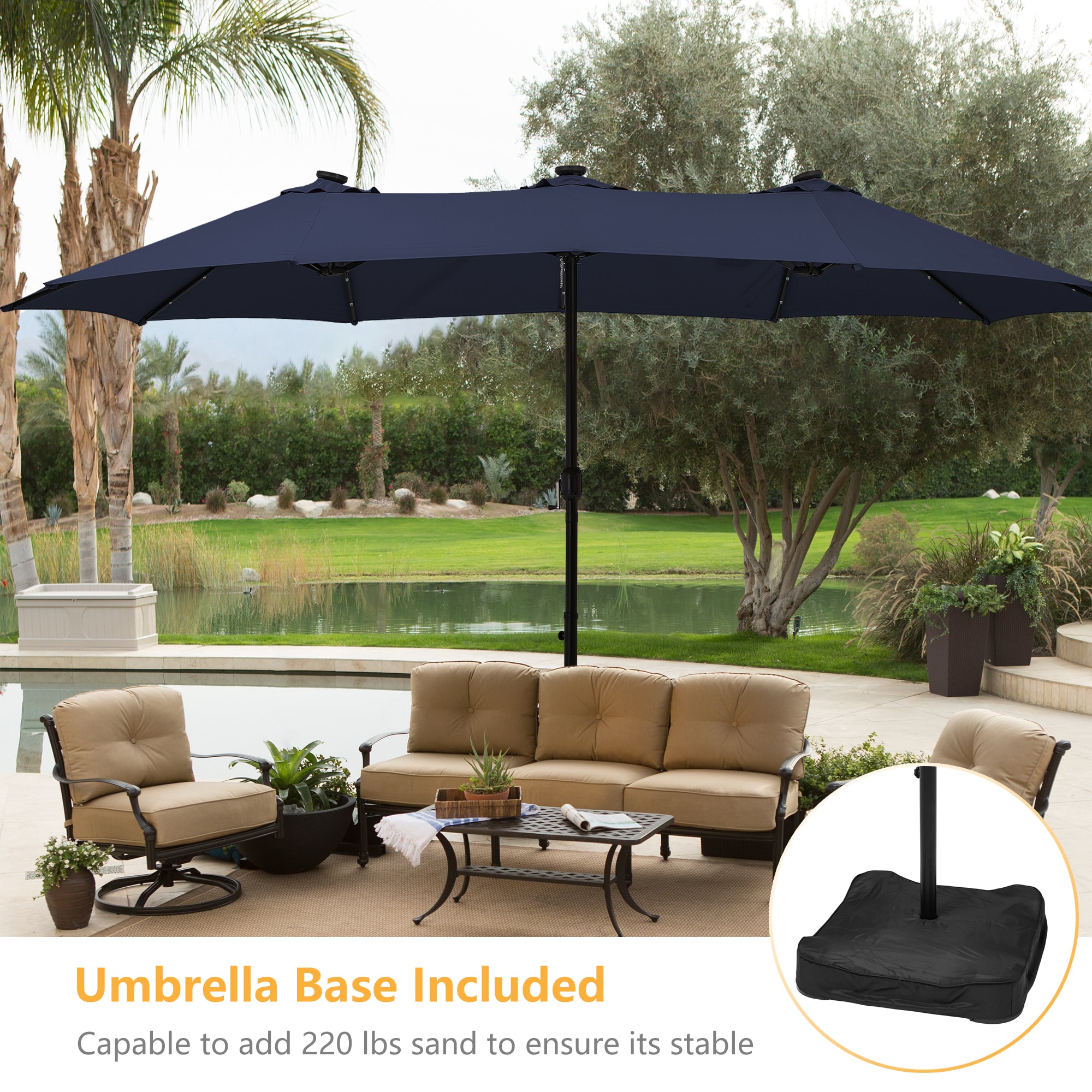 Clihome 15-ft Navy Blue Solar Powered No-tilt Market Patio Umbrella with Base