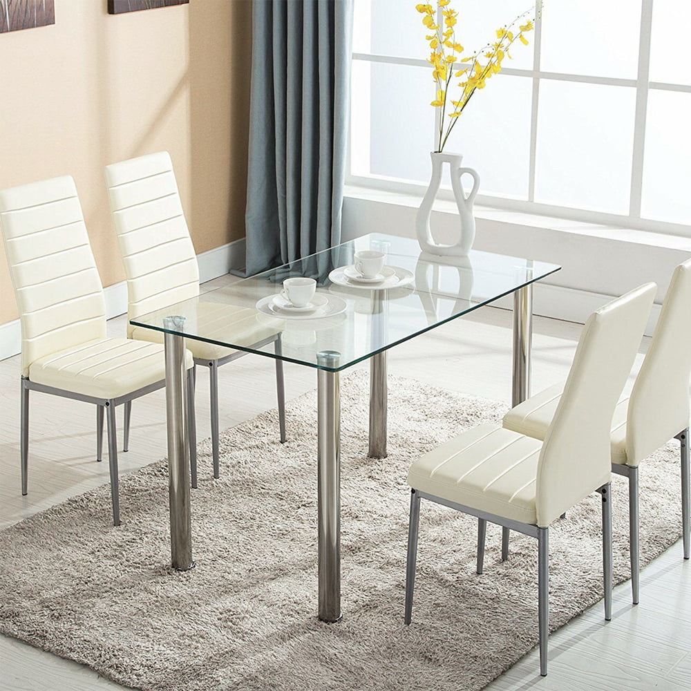 Ktaxon 5 Piece Dining Table Set Dining Table & 4 Leather Chairs.Glass Top Kitchen Dining Room Furniture.White
