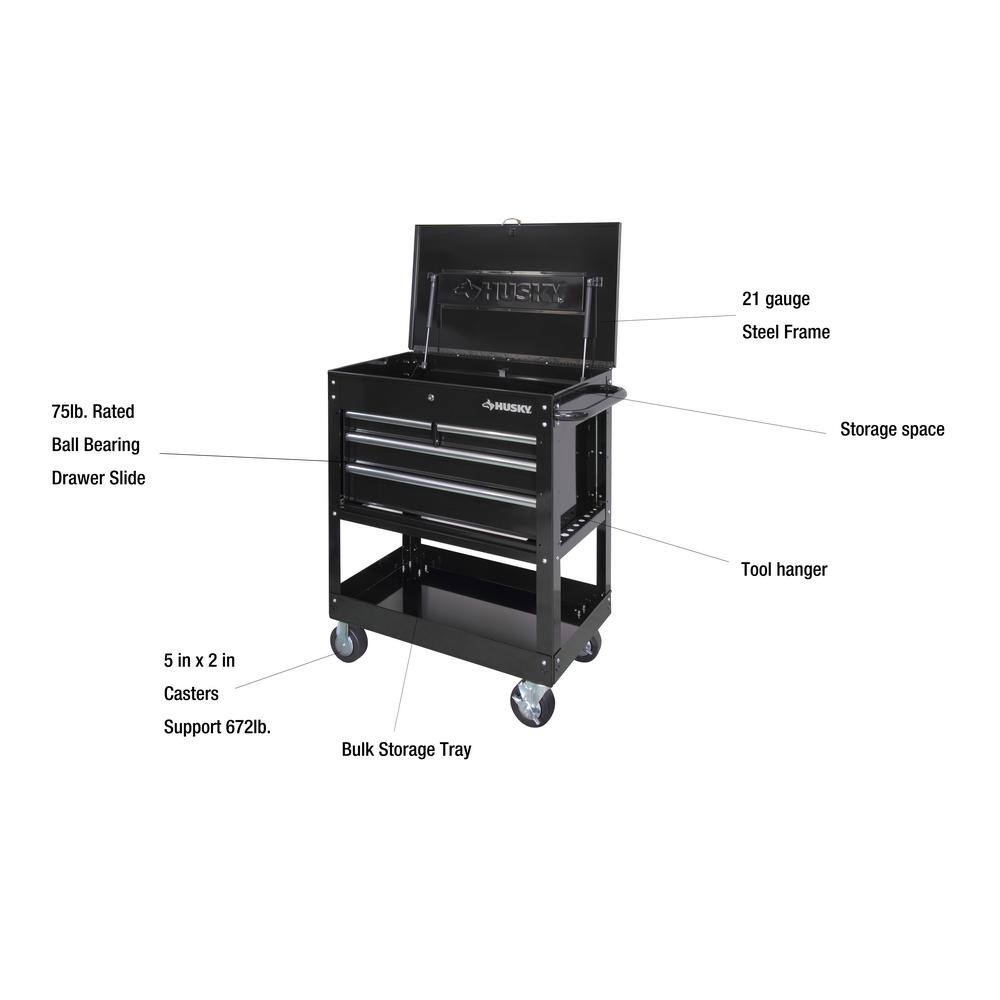 Husky HOUC3304B10 33 in. W 4-Drawer Mechanics Tool Utility Cart in Gloss Black