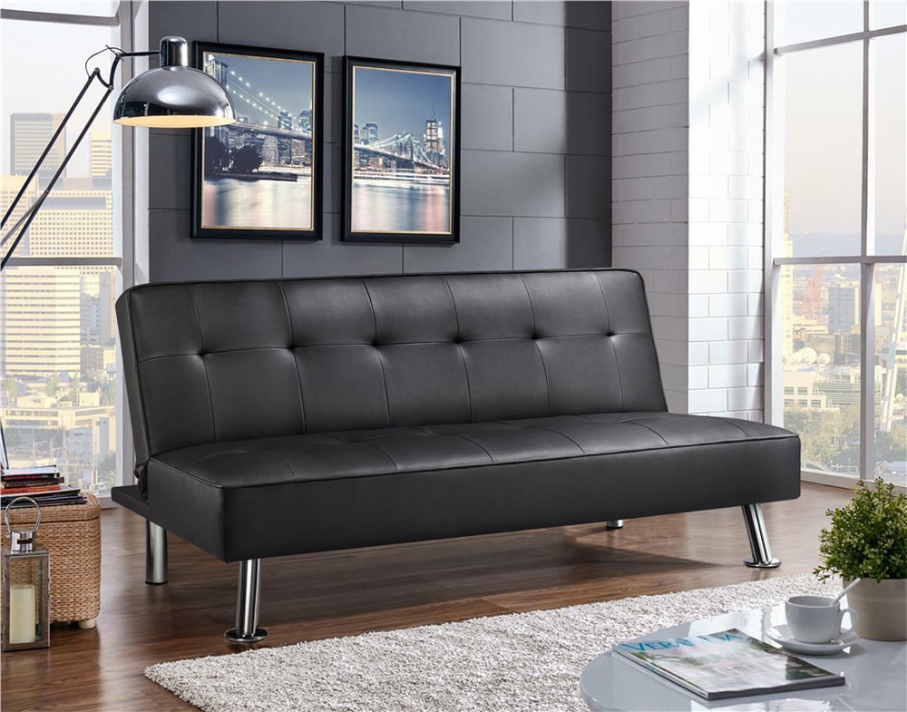 Easyfashion Convertible Black Faux Leather Futon Sofa Bed. Black