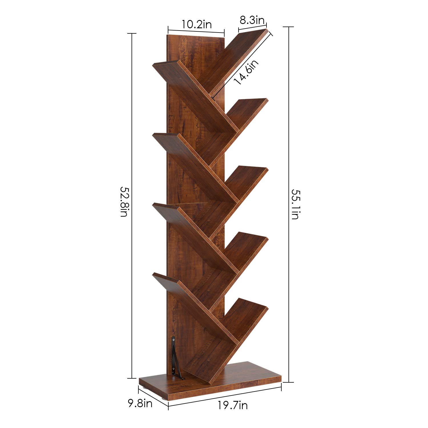 Homfa 9-Tier Tree Bookshelf. Modern Storage Shelf. Floor Bookcase CD Display Rack. Walnut Finish