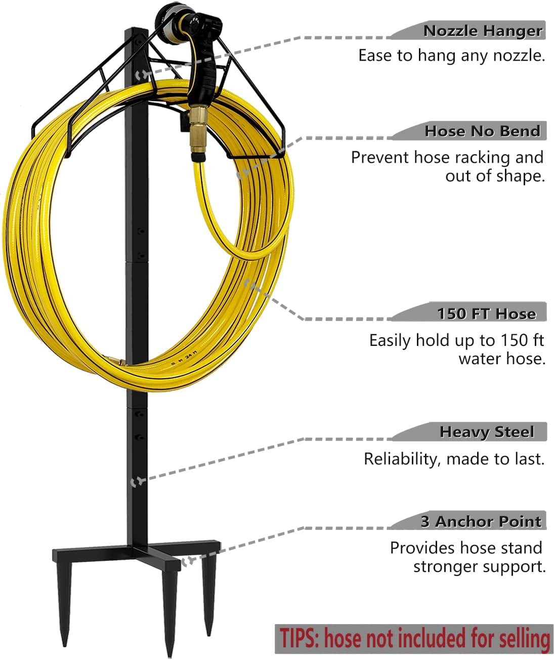 Artigarden Freestanding Garden Hose Holder Hanger. Heavy Duty Metal Water Hose Storage Stand Rack for Yard Lawn. Bright Black (Hose not Included)