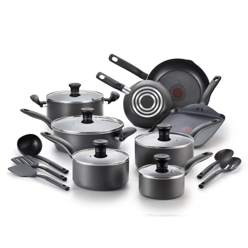 T-fal Initiatives Nonstick Inside and Out Cookware Set. 18-Piece. Black