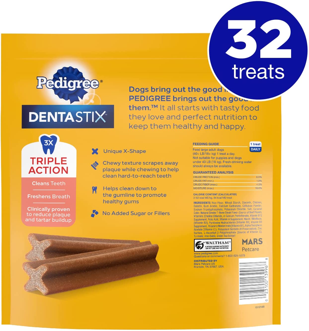 PEDIGREE DENTASTIX Large Dog Dental Treats Beef Flavor Dental Bones. 1.72 lb. Pack (32 Treats)