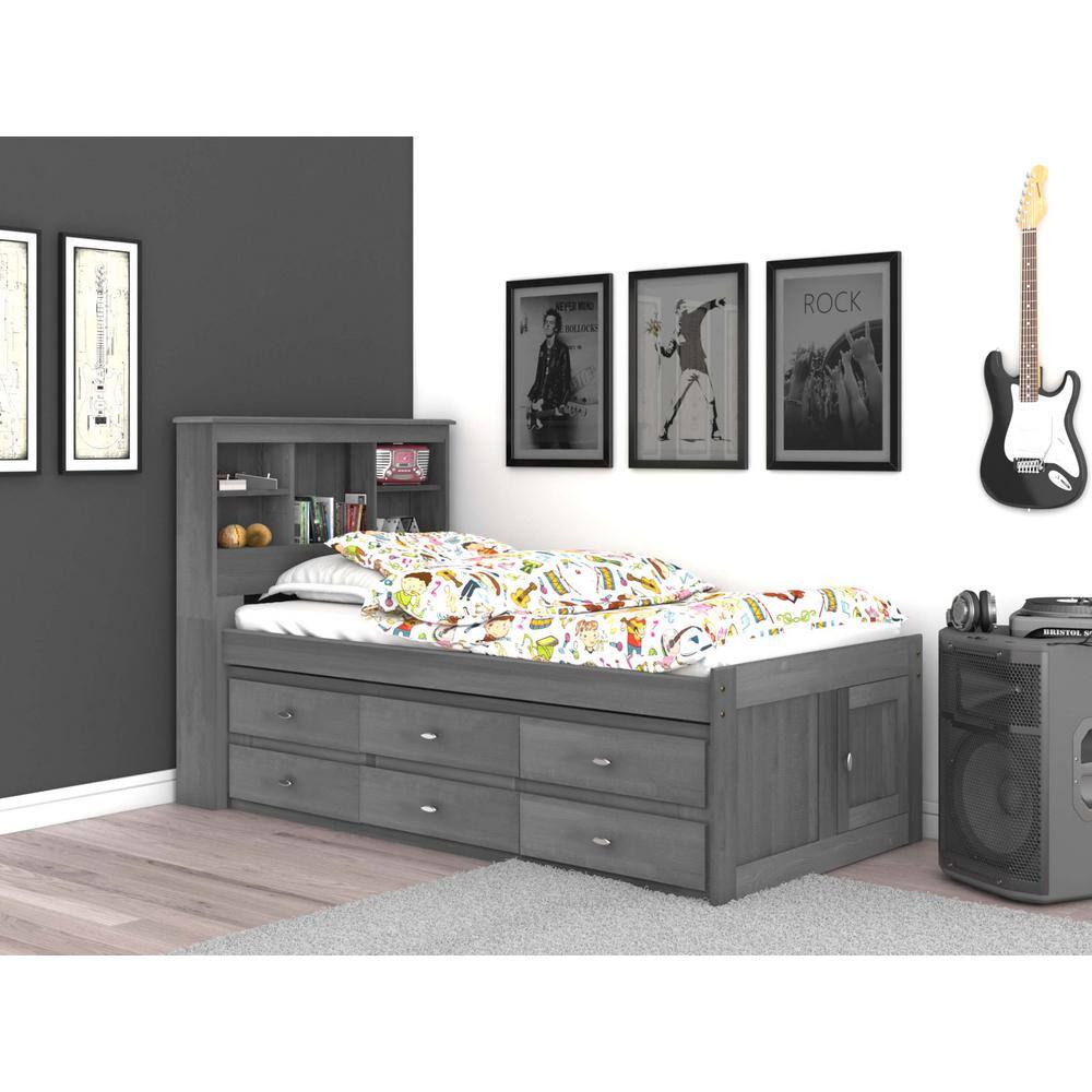 OS Home and Office Furniture  Mission Charcoal Gray Twin Sized Captains Bookcase Bed with 6-Drawers