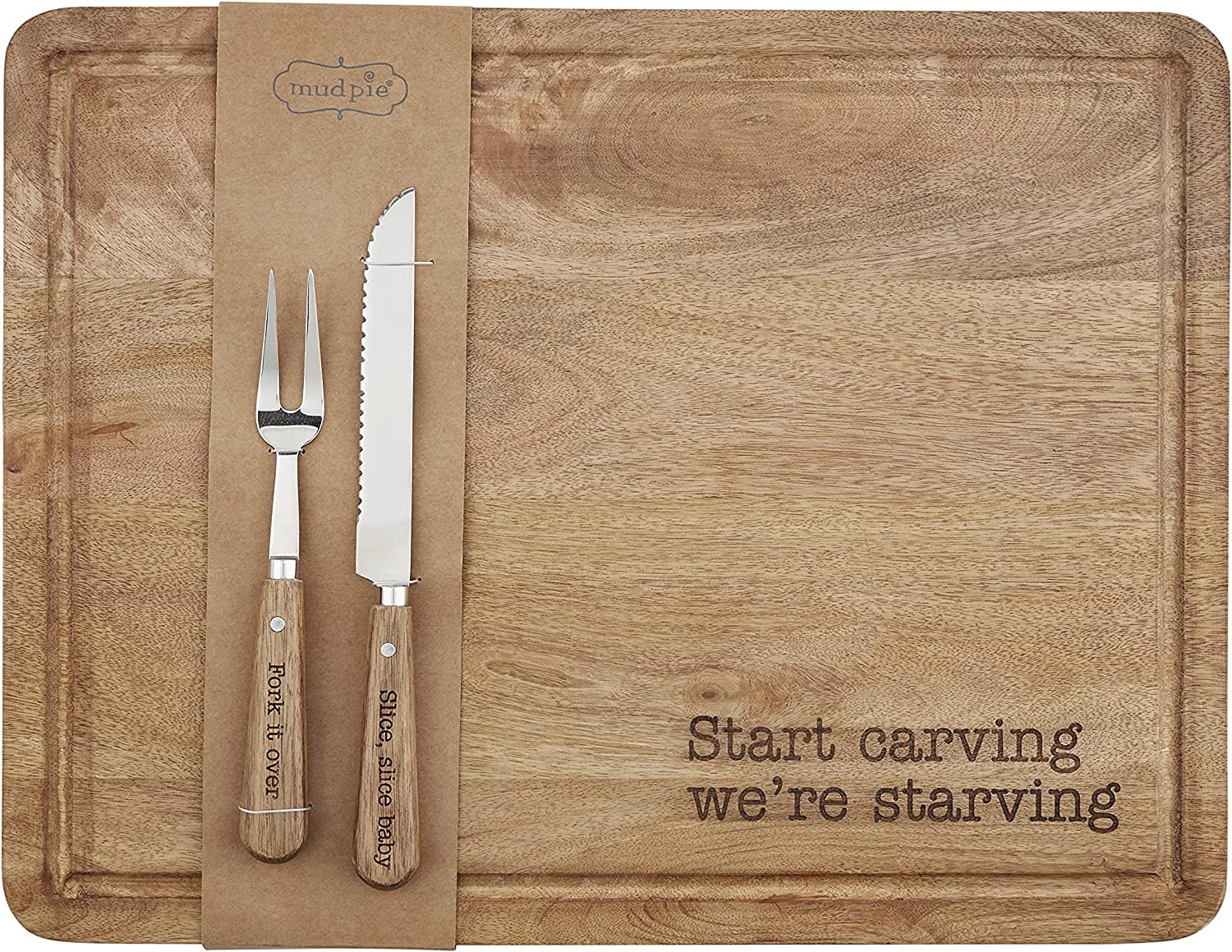 Mud Pie Carving Board Set. board 15″ x 19 1/2″ | knife 11″ | fork 9″