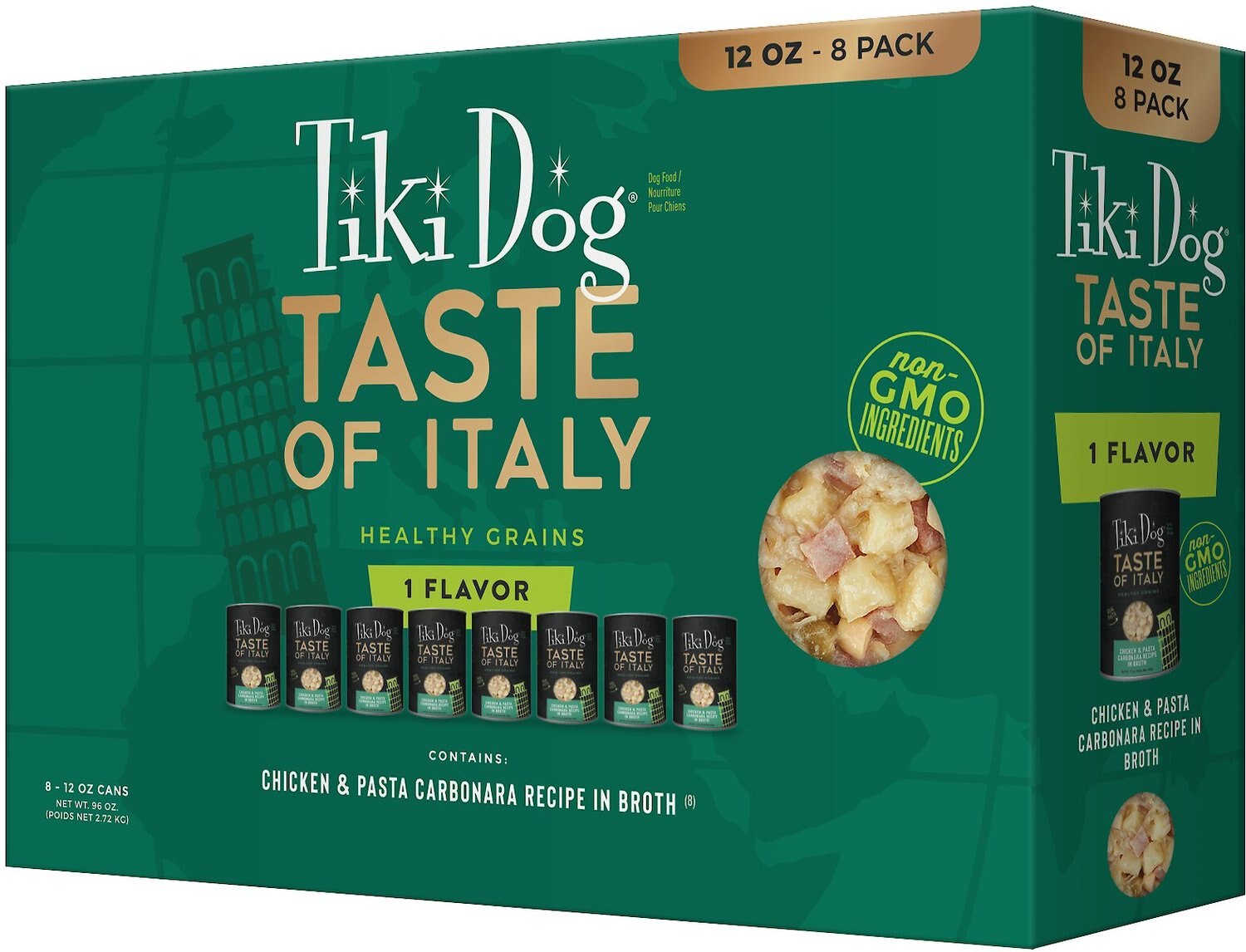 Tiki Dog Taste of Italy! Grain-Free Chicken & Pasta Carbonara Chunks in Gravy Canned Dog Food. 12-oz. case of 8