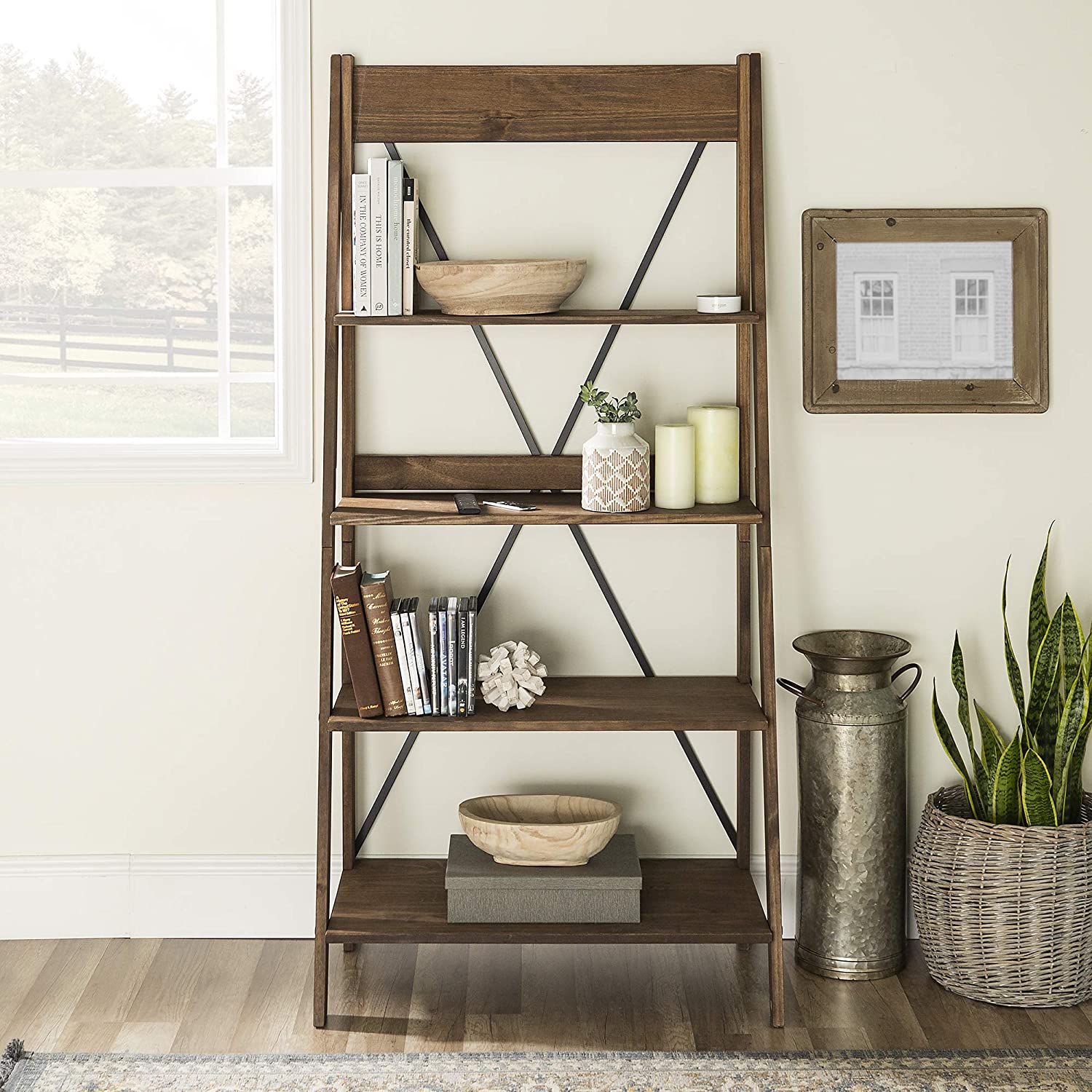 Solid Wood Ladder Bookshelf 68″ - Brown
