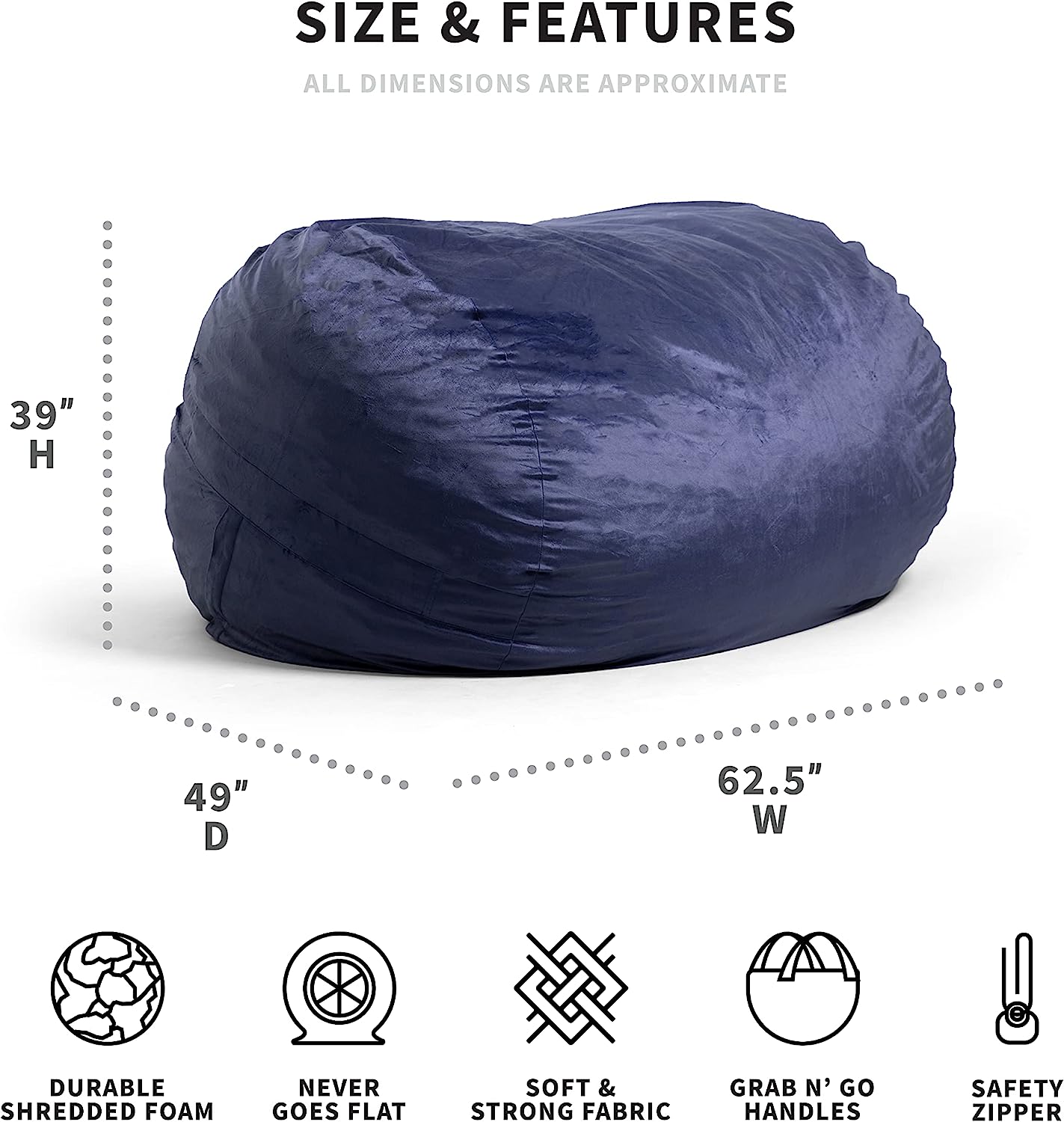 Big Joe Fuf XL Foam Filled Bean Bag Chair with Removable Cover. Midnight Plush. Soft Polyester. 5 feet Giant . Navy Plush