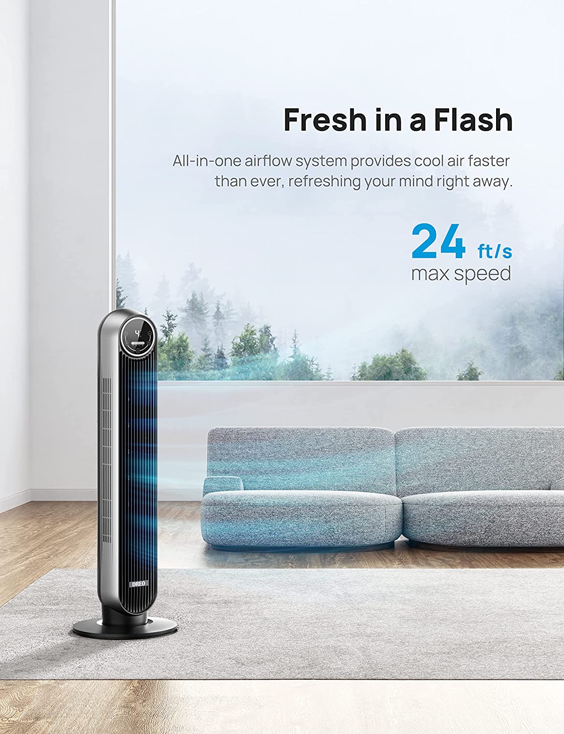 Dreo Nomad One S Alexa Fan. Quiet Tower Fan with Remote. 90° Oscillating Fan with Voice Control. 4 Modes. 4 Speeds