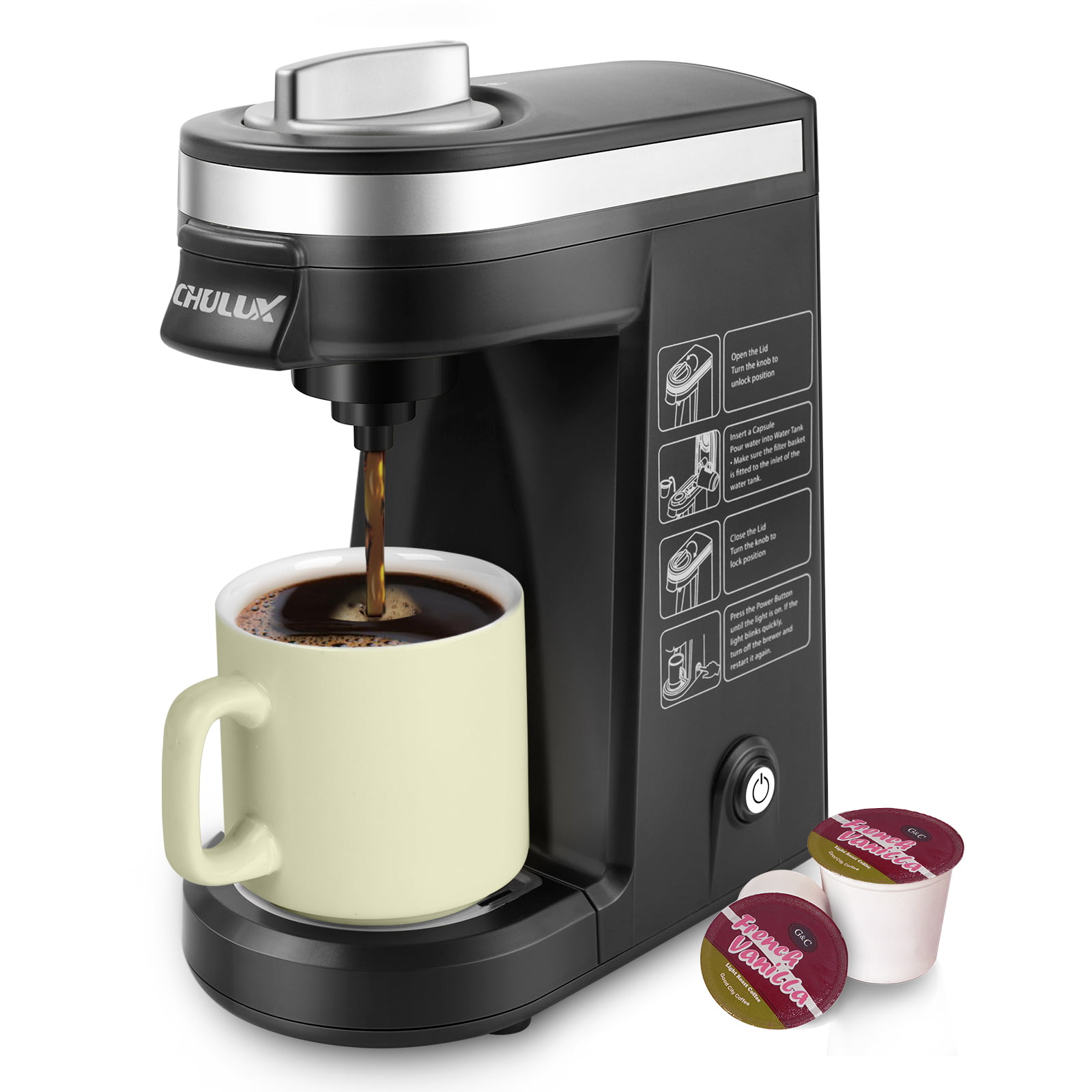 CHULUX Single Serve Coffee Maker. Travel Mini Coffee Brewer for K Cup Capsule and Coffee Powder with 5-12oz Built-in Water Tank. One Button Operation. Auto Shut Off