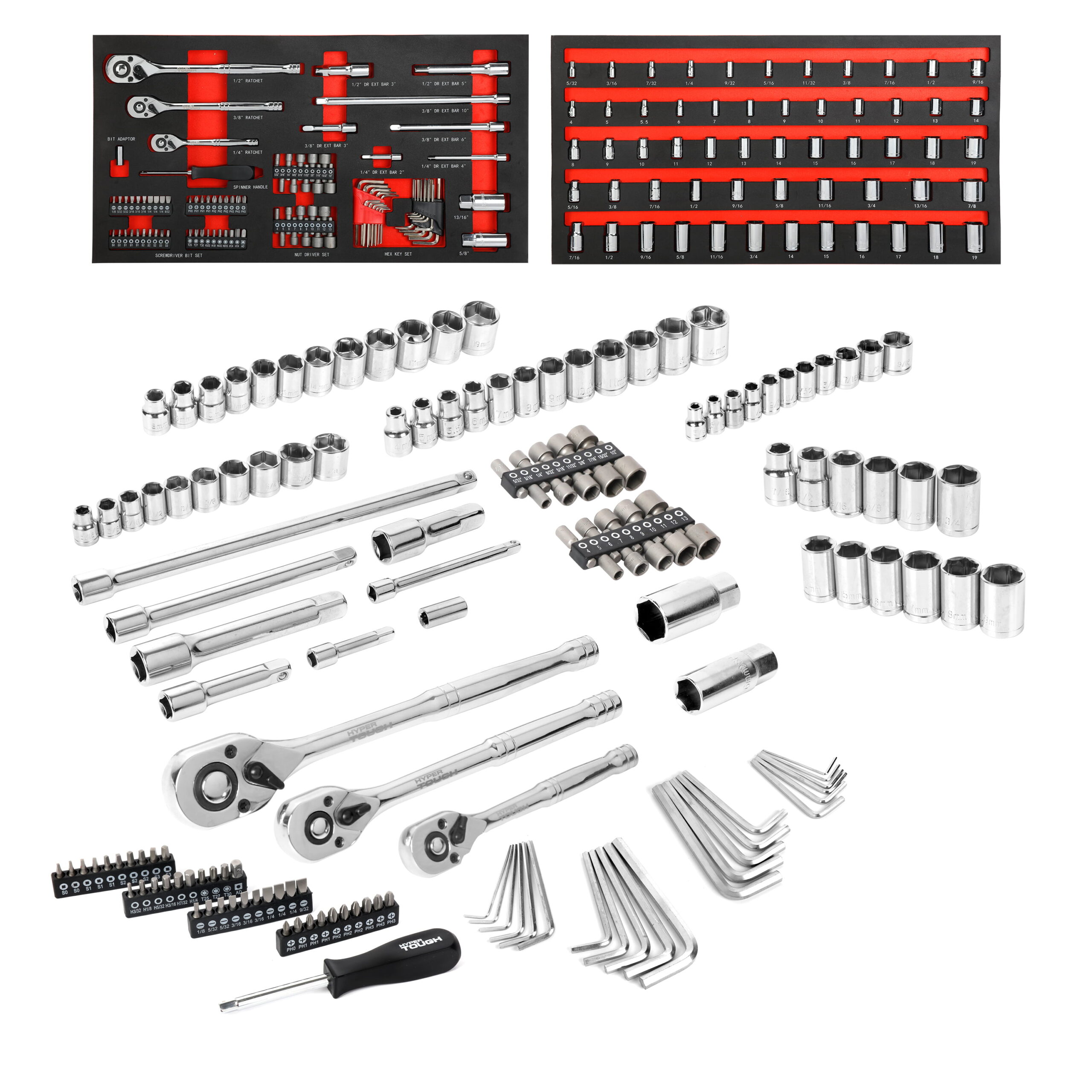 Hyper Tough 153-Piece Mechanic Tool Set. 1/4-inch. 3/8-inch. 1/2-inch Drive Ratchets and Sockets. Storage Trays