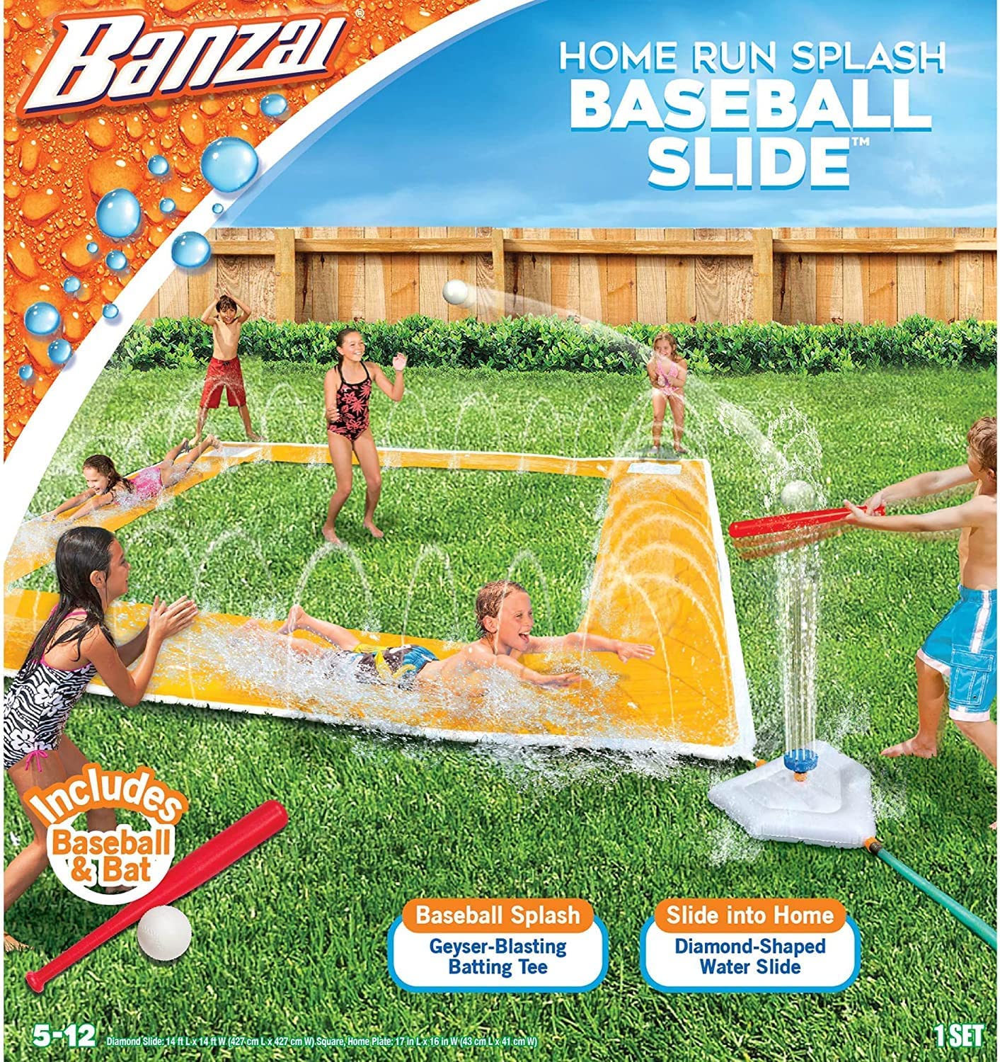BANZAI Home Run Splash Baseball Slide. Length: 14 ft. Width: 14 ft. Inflatable Outdoor Backyard Water Slide Splash Toy. Baseball Bat & Ball Included. Slide