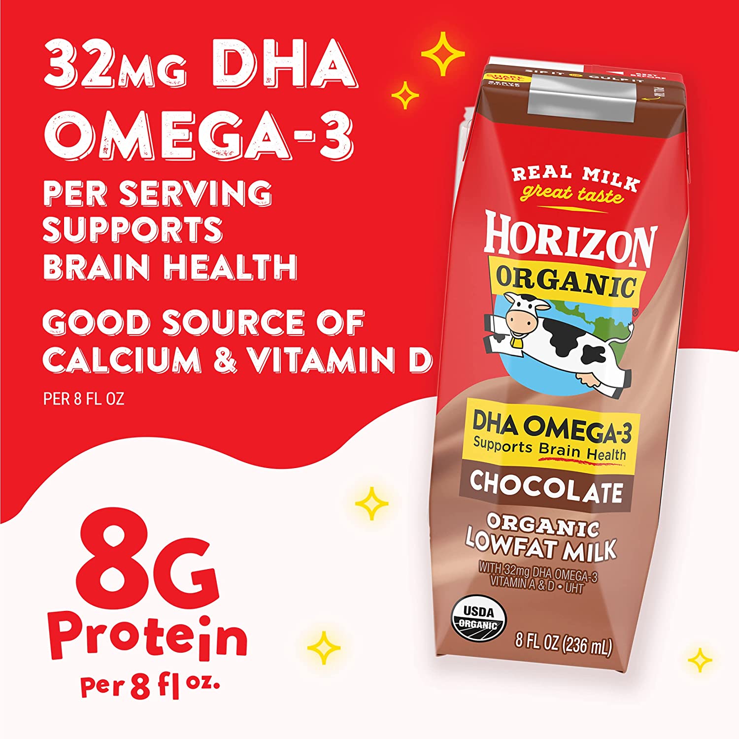Horizon Organic Shelf-Stable 1% Lowfat Milk Boxes with DHA Omega-3. Chocolate. 8 oz.. 18 Pack