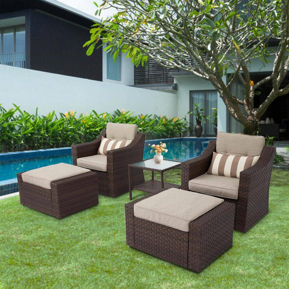 Suncrown  Brown 5-Piece Wicker Patio Conversation Set with Beige Cushions