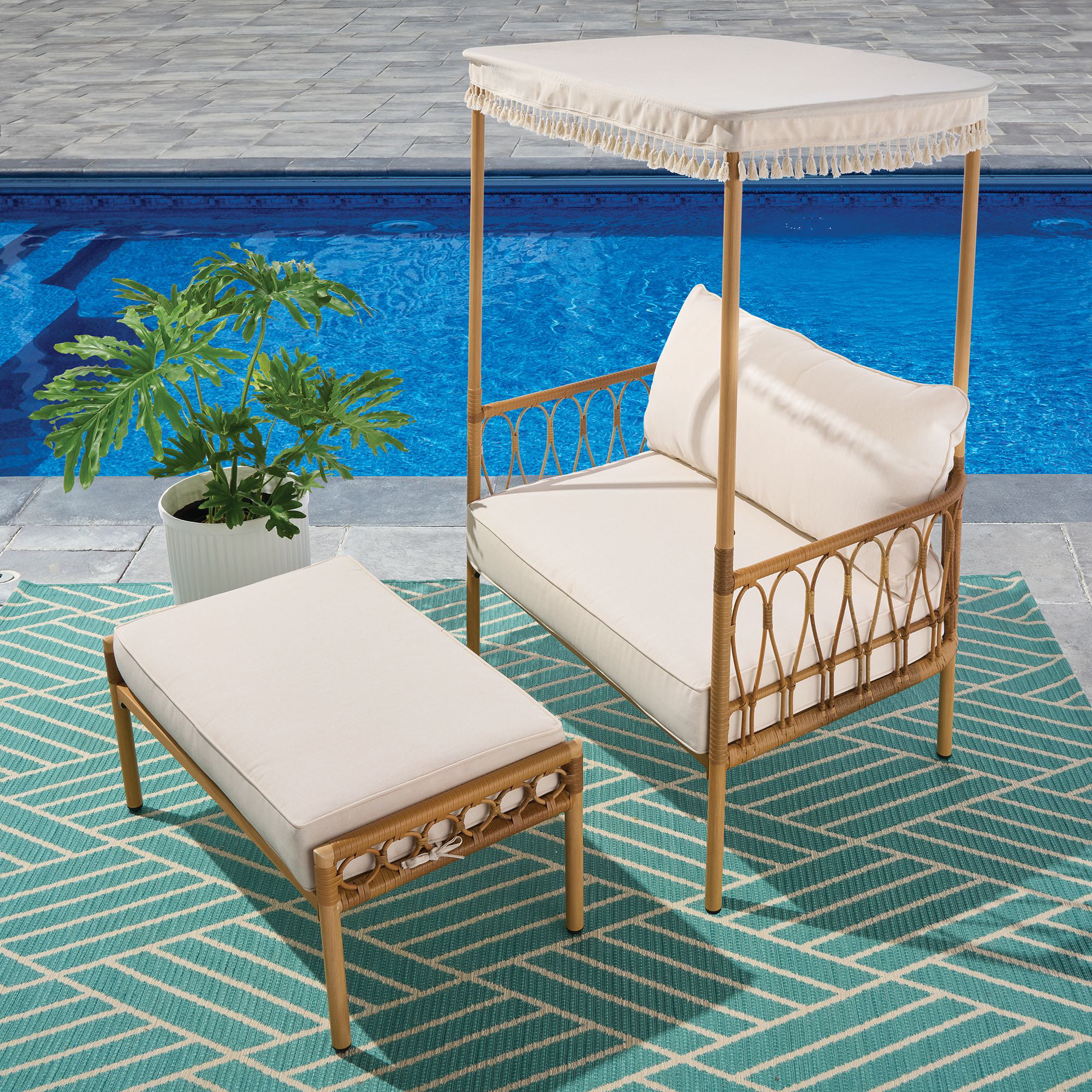 Better Homes & Gardens Willow Sage 2 Piece All-Weather Wicker Outdoor Canopy Chair and Ottoman Set. Beige