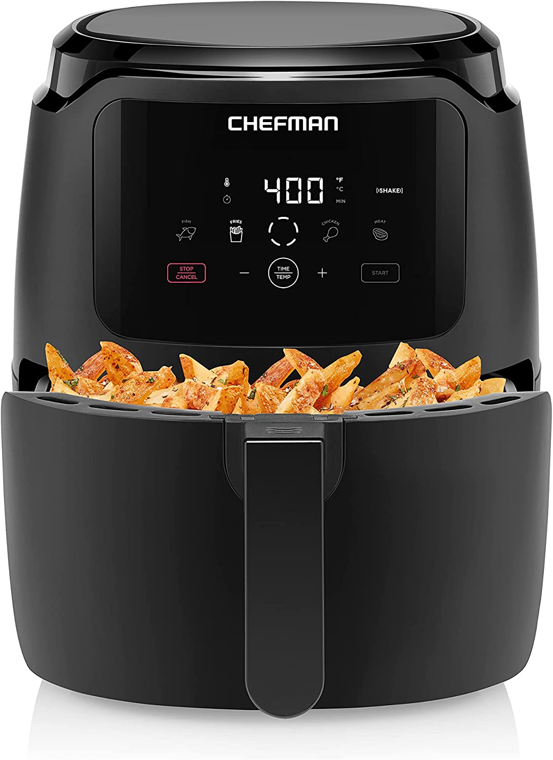 Chefman Digital Air Fryer. One-Touch Control. 4 Cooking Presets. Adjustable Time And Temperature. Fry With 98% Less Oil. LED Shake Reminder. Family Size. 5-Quart. Black