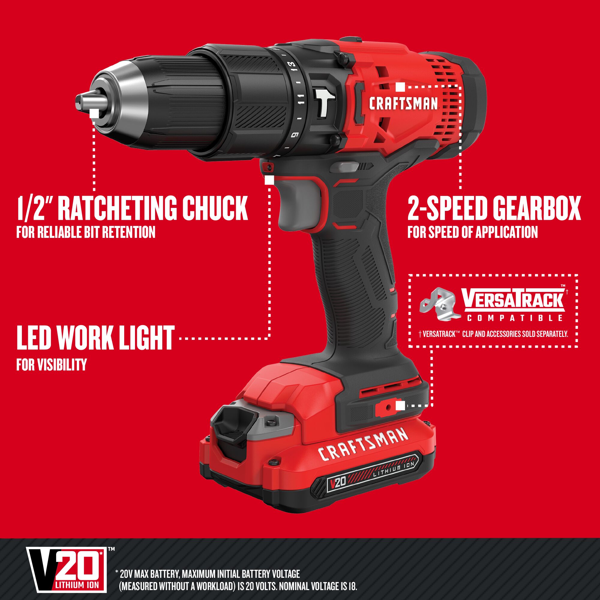 CRAFTSMAN V20 1/2-in 20-volt Max-Amp Variable Speed Cordless Hammer Drill (2-Batteries Included)