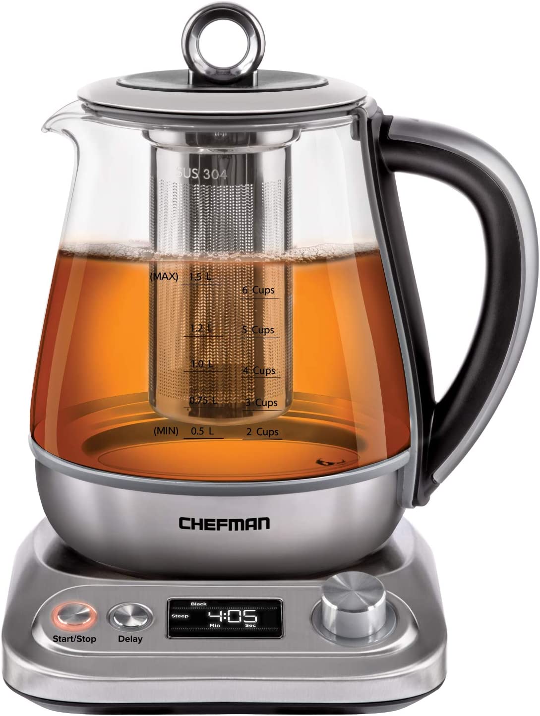 Chefman Digital Electric Glass Kettle. No.1 Kettle Manufacturer. Removable Tea Infuser Included. 8 Presets & Programmable Temperature Control. Auto Shutoff. Water Filter. 6+ Cup Capacity. 1.5 Liter (RJ11-15-SSTC)