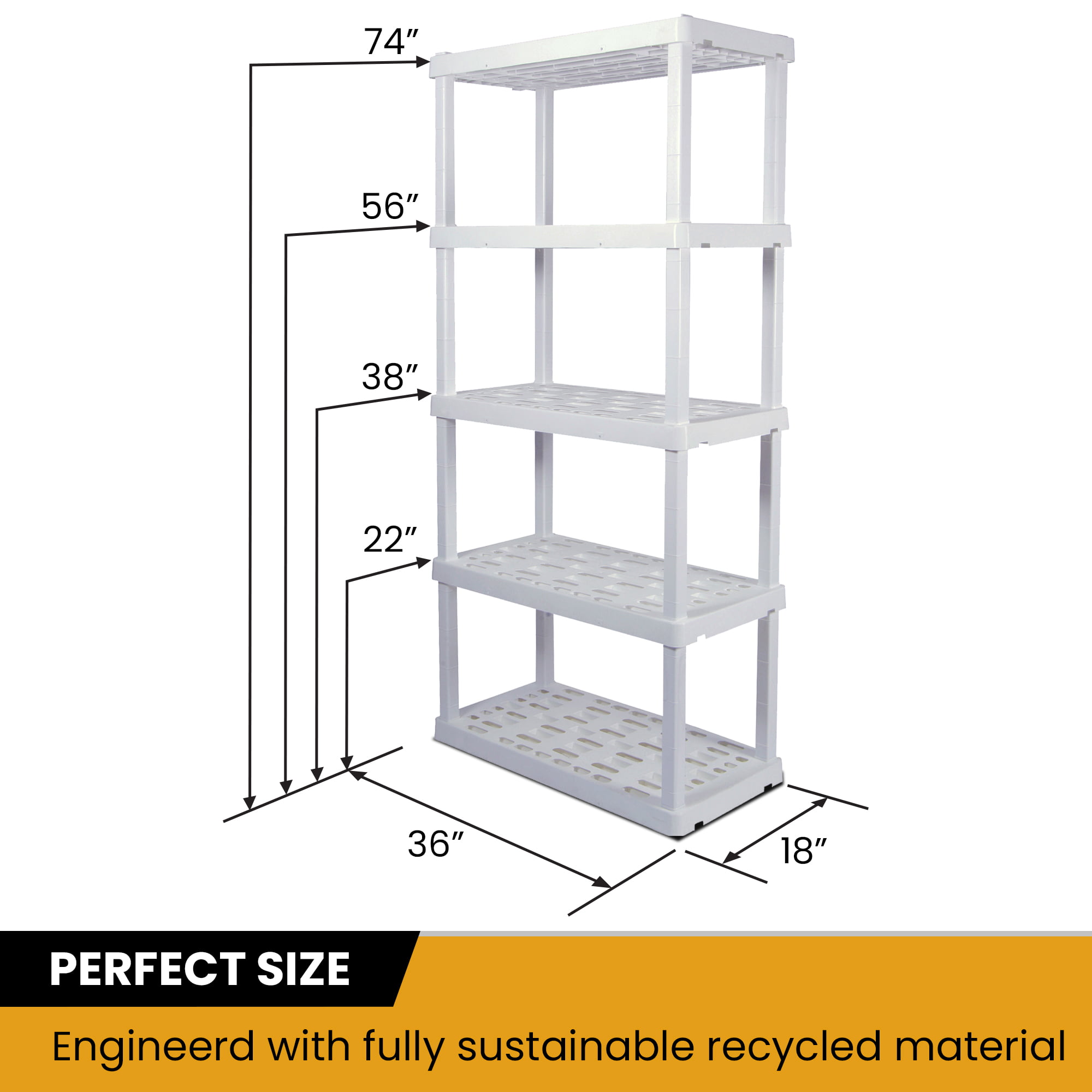 Hyper Tough 74″ H x 18″ D x 36″ W 5 Shelf Plastic Garage Shelves. Storage Shelving. White 750 lbs Capacity