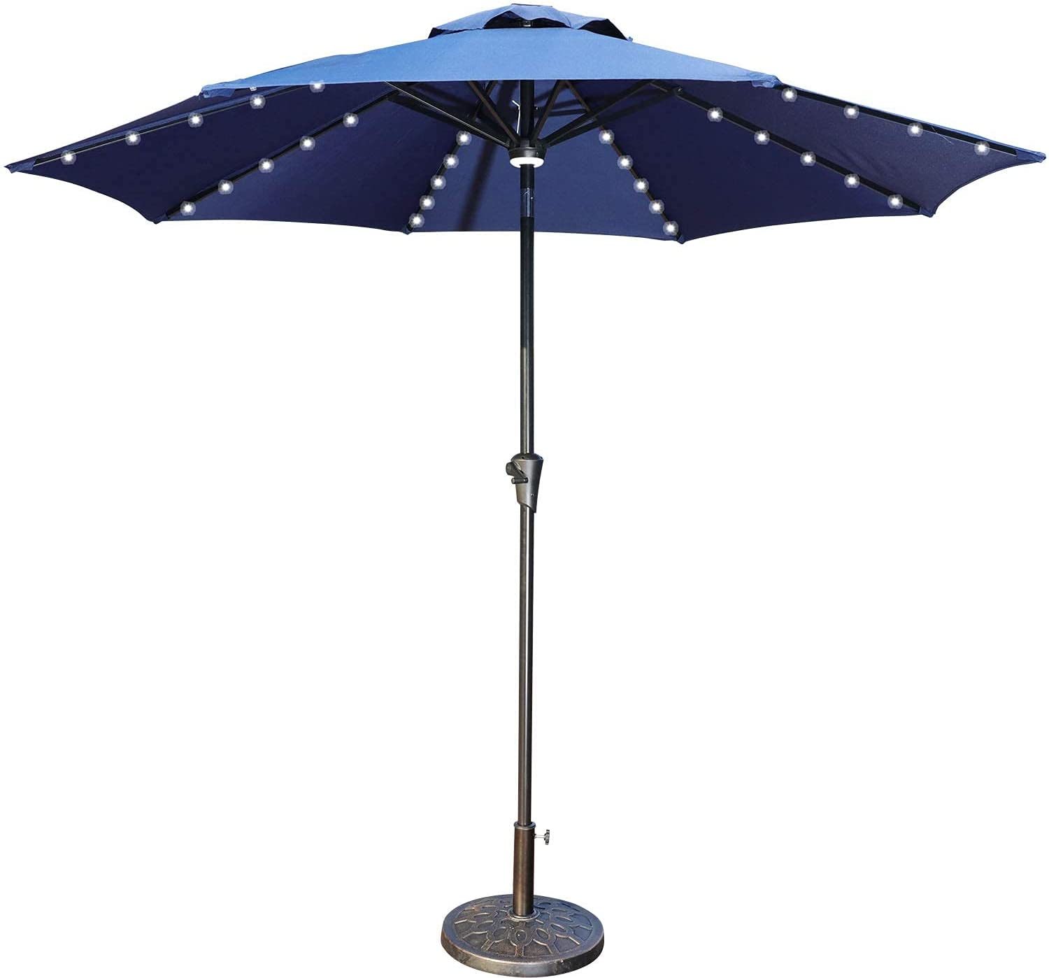 Goldsun Patio 9 Ft Market Outdoor Aluminum Table Umbrella with Solar LED Led lights and Push Button Tilt (Navy Blue)